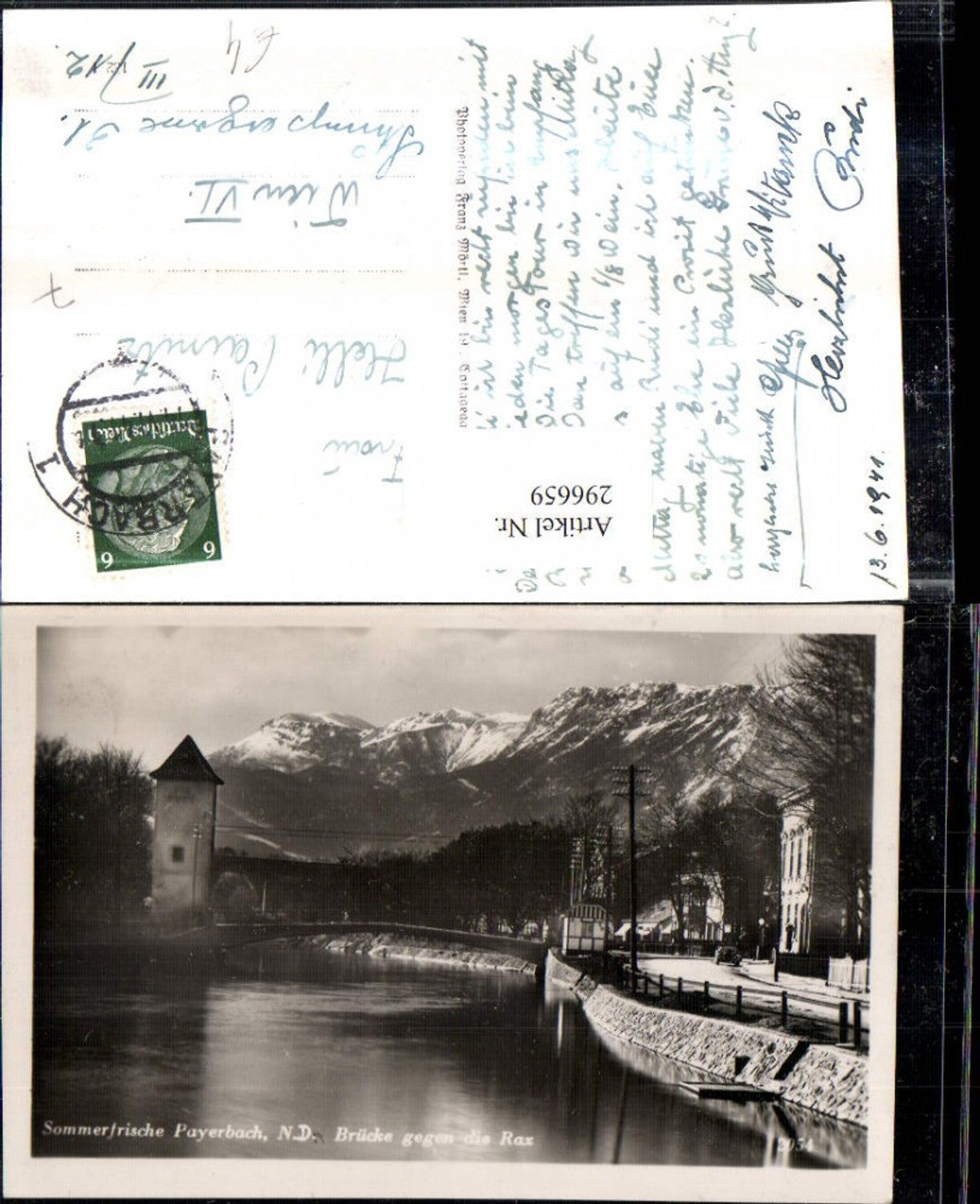 296659,Payerbach Brücke Turm geg. Rax Bergkulisse