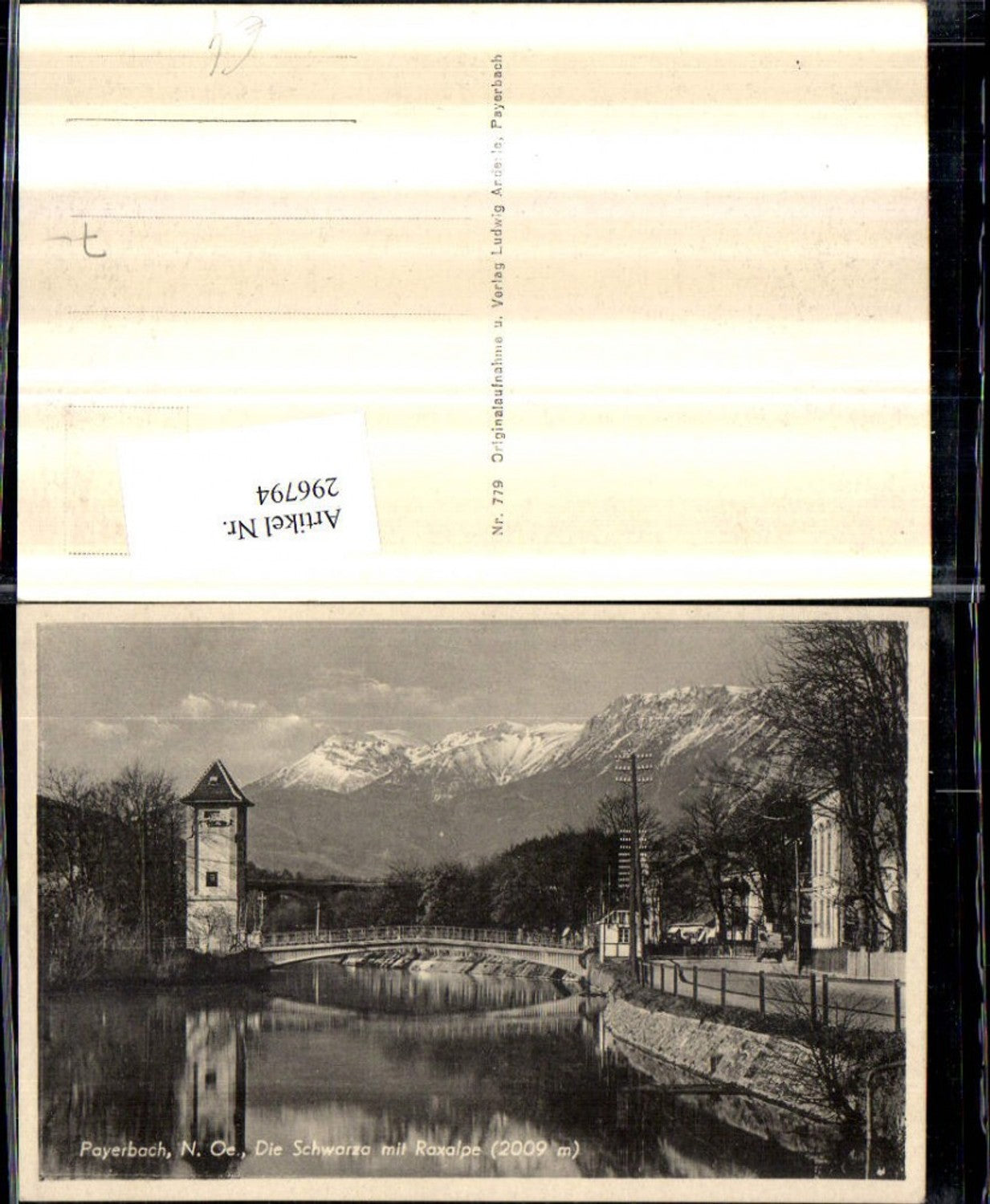 296794,Payerbach Schwarza Fluss m. Brücke Turm geg. Raxalpe Bergkulisse