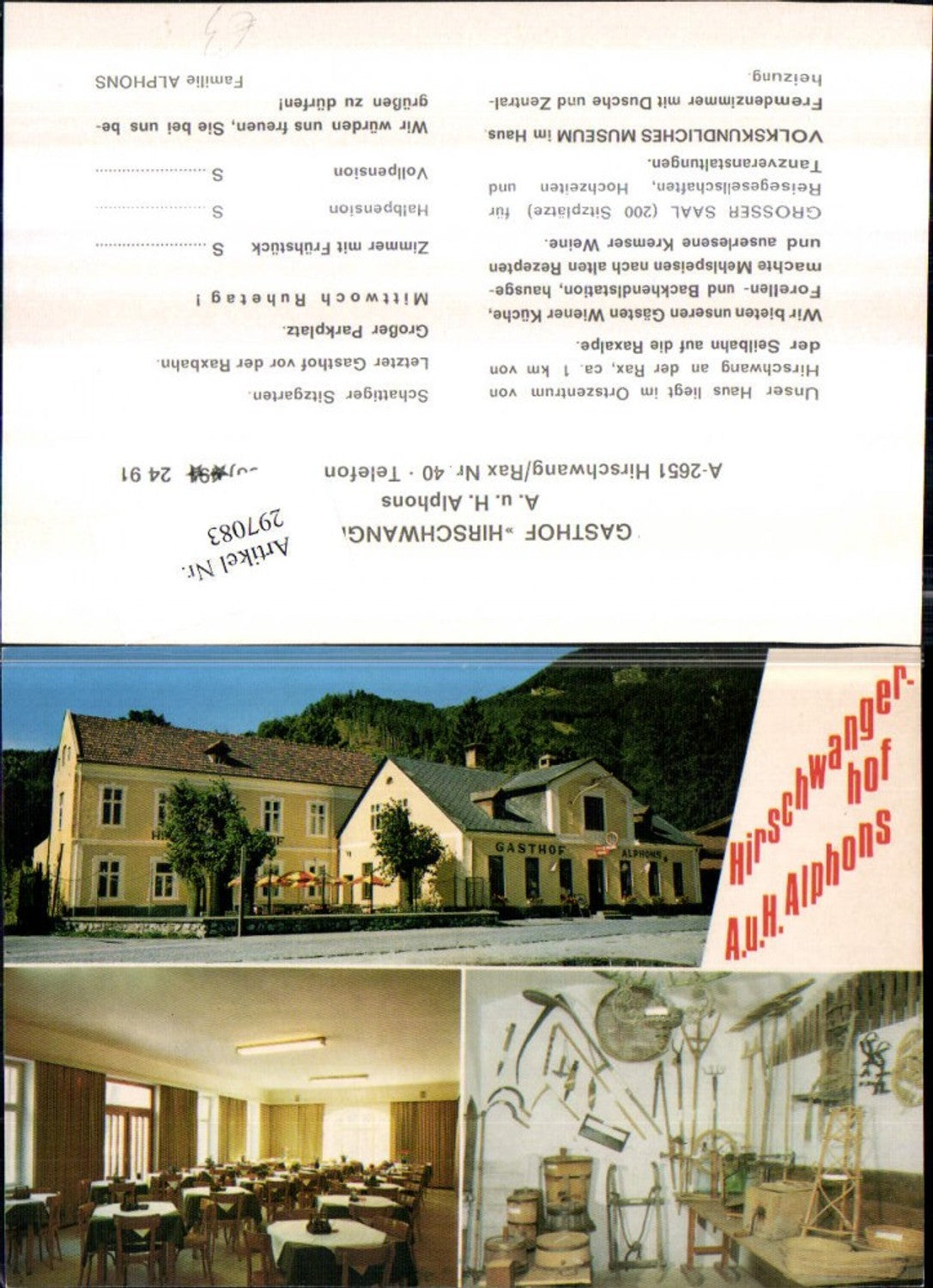 297083,HIrschwang an d. Rax Hirschwangerhof Gasthof Alphons Mehrbildkarte