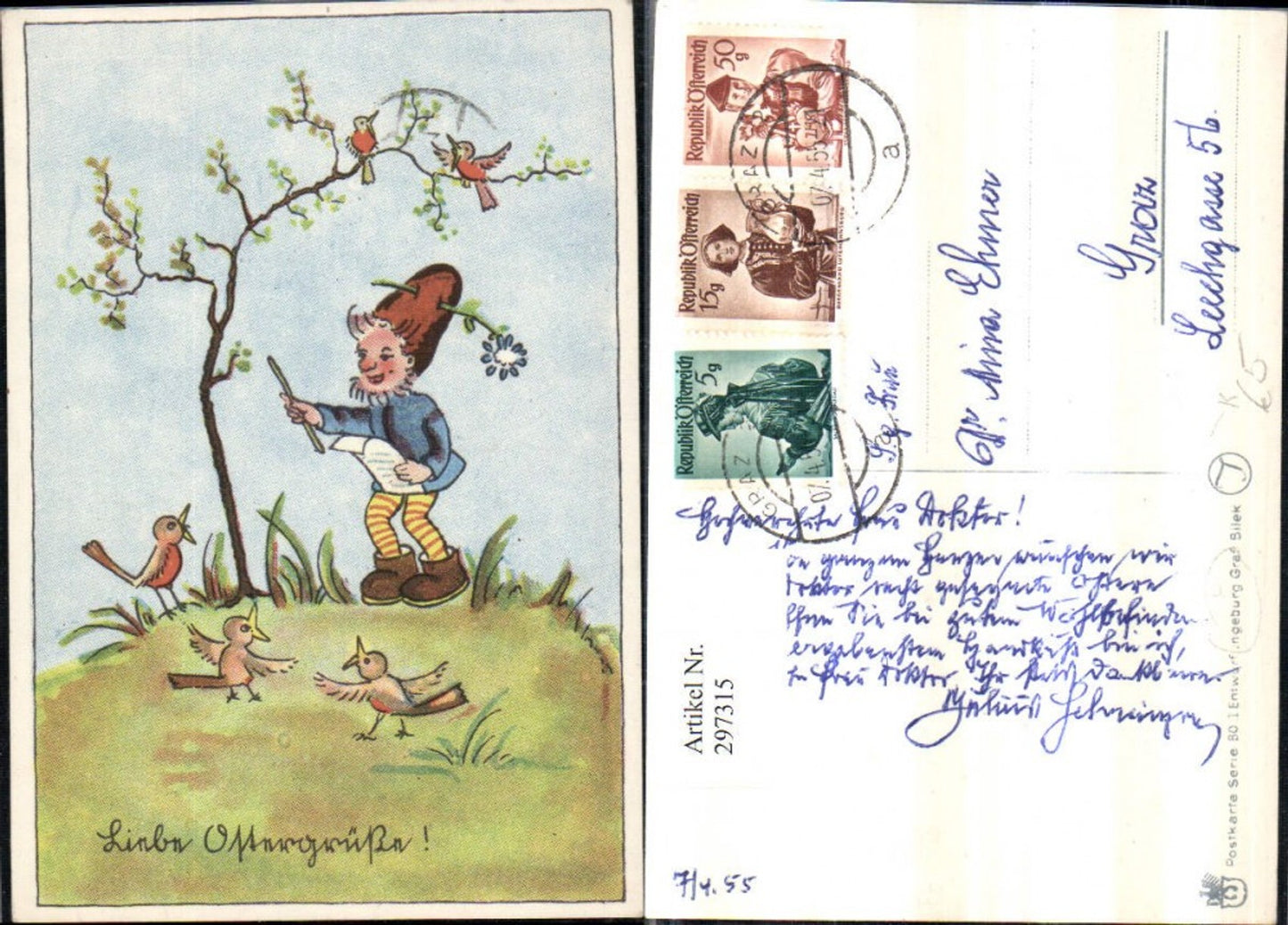 297315, Artist AK Ingeburg Graf Easter Dwarf Paper Birds Tree