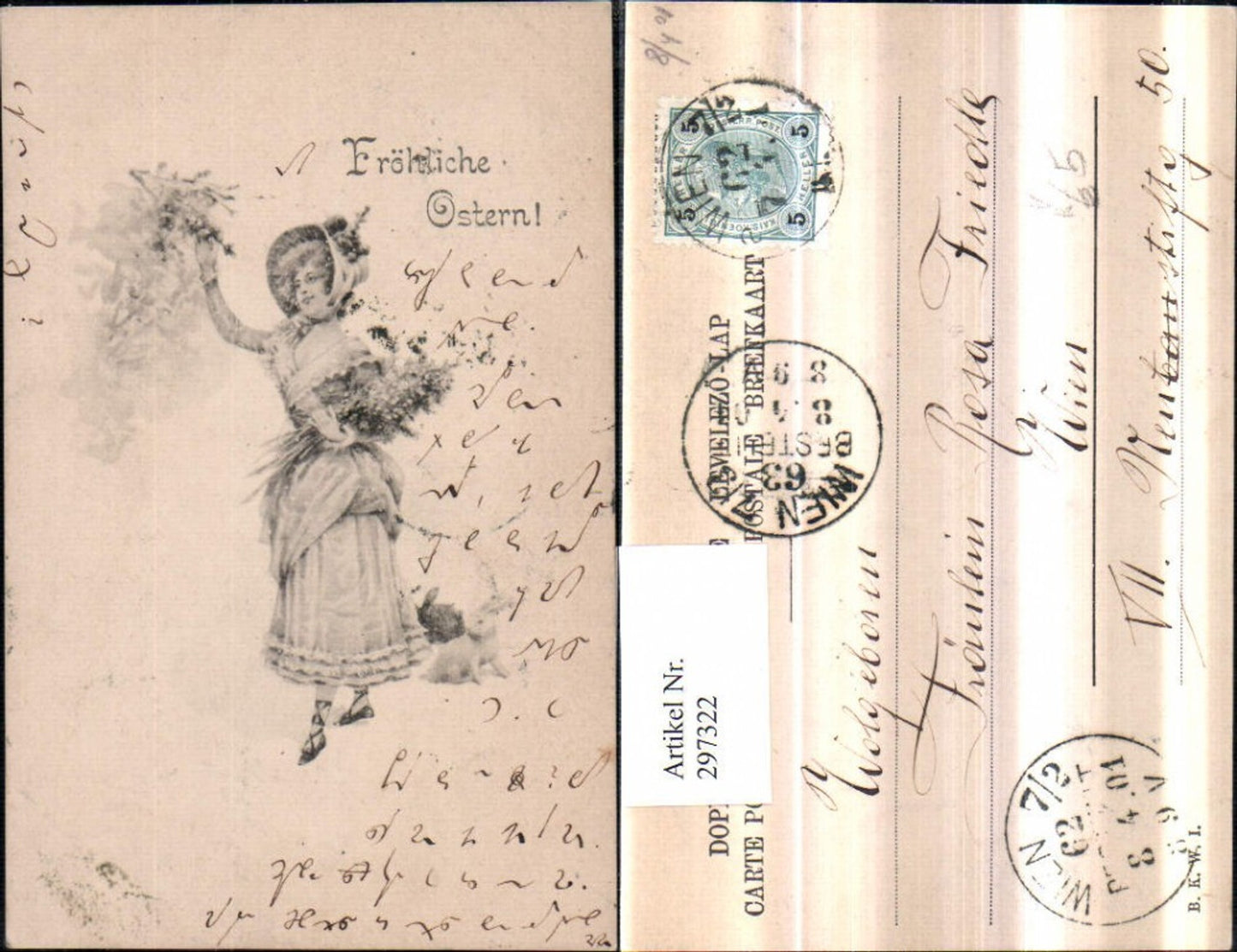 297322, Artist AK Easter Woman with hat Hat fashion Dress Bouquet of flowers Rabbits pub Brothers Kohn BKWI