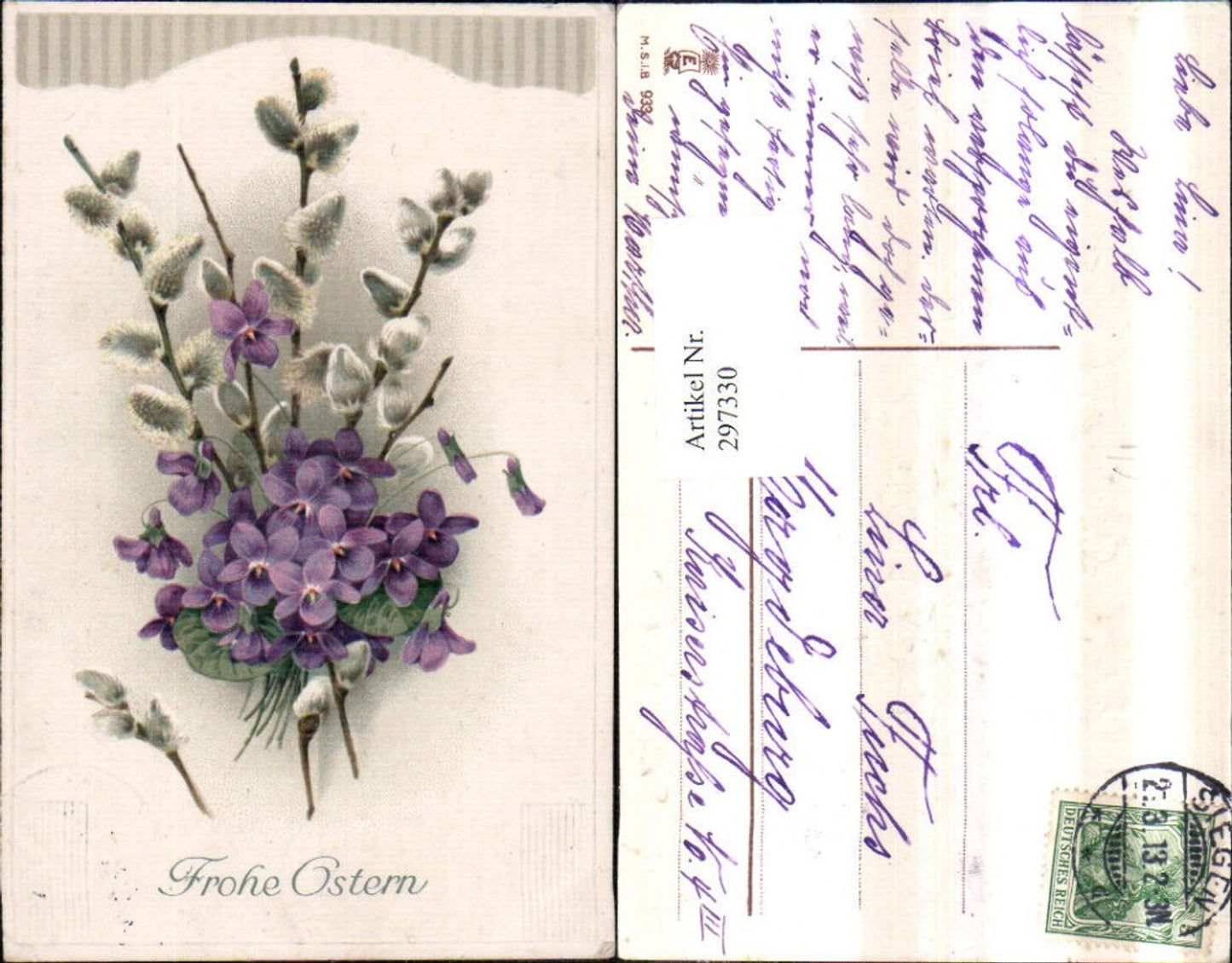 297330,Embossed AK Easter Pussy Willow Branches Violets Flowers