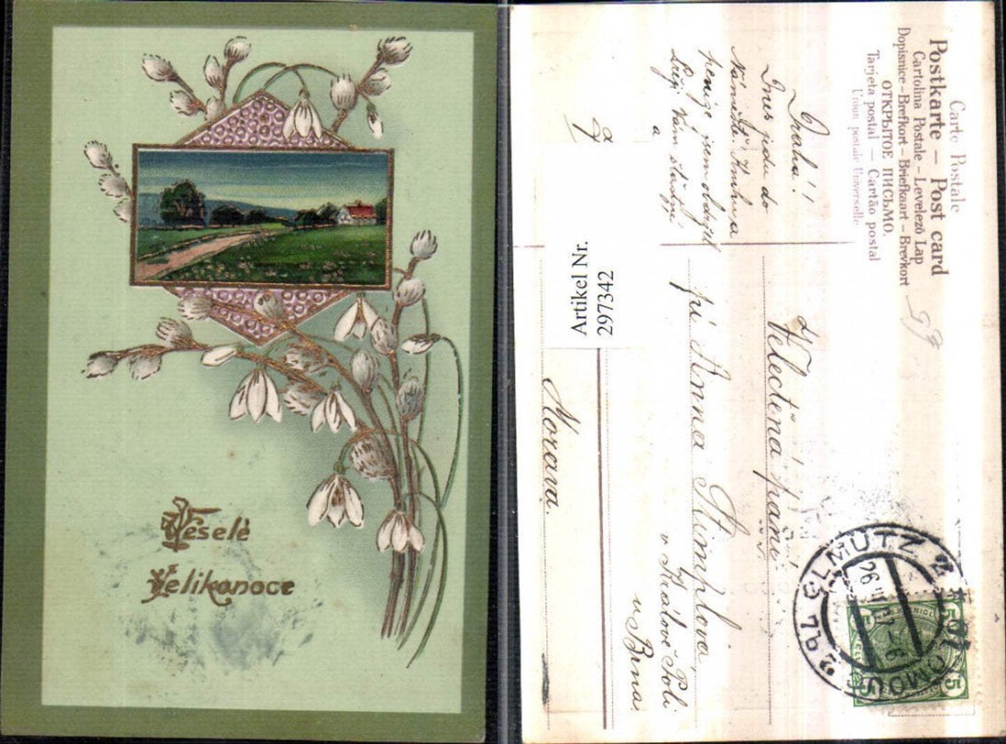 297342,Präge AK Ostern Landschaft Passepartout Goldverzierung Palmkätzchen Schneeglocken