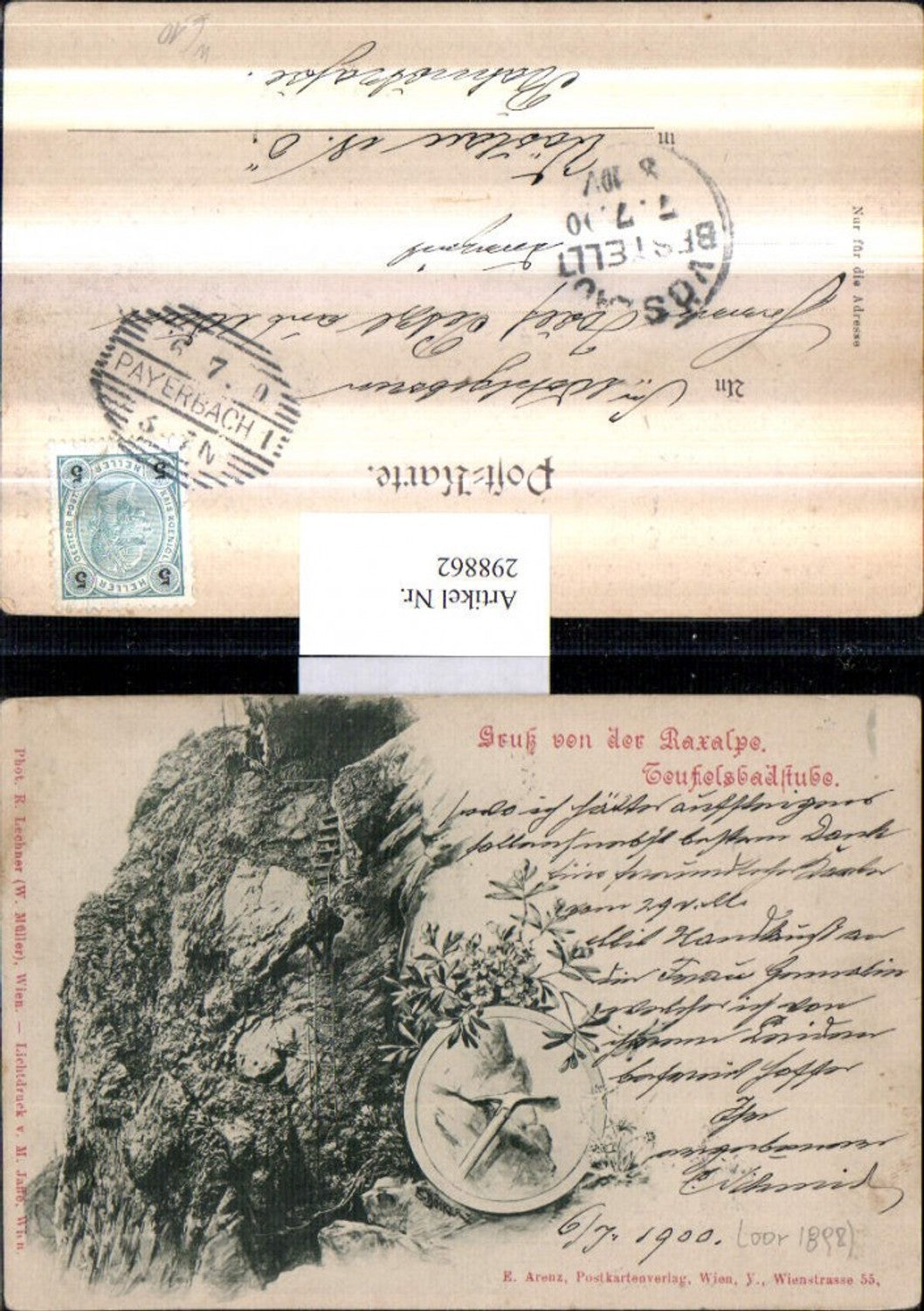 298862,Litho AK Gruß von d. Raxalpe Teufelsbadstube b. Reichenau Leiter Eispickel