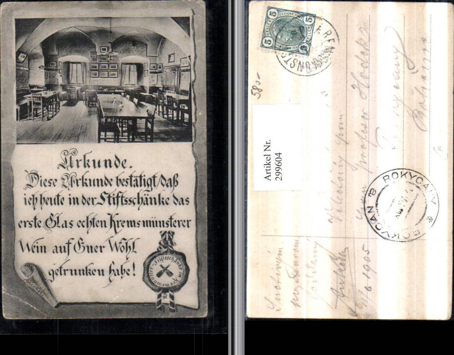 299604,Kremsmünster Stift Stiftsschänke Innenansicht Urkunde Schriftrolle Siegel