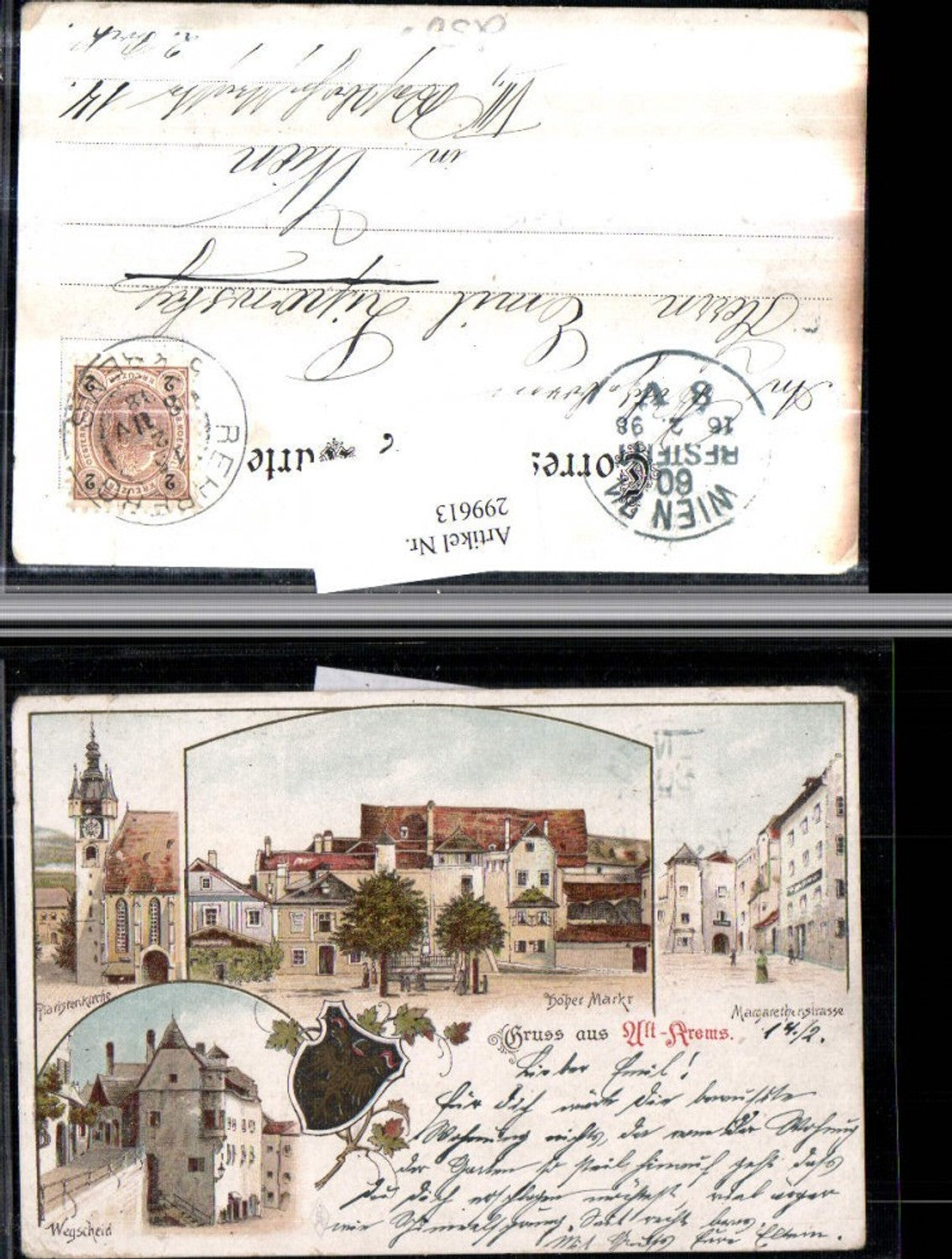 299613,Litho Gruß aus Krems an d. Donau Kirche Wegscheid Hoher Markt Mehrbildkarte