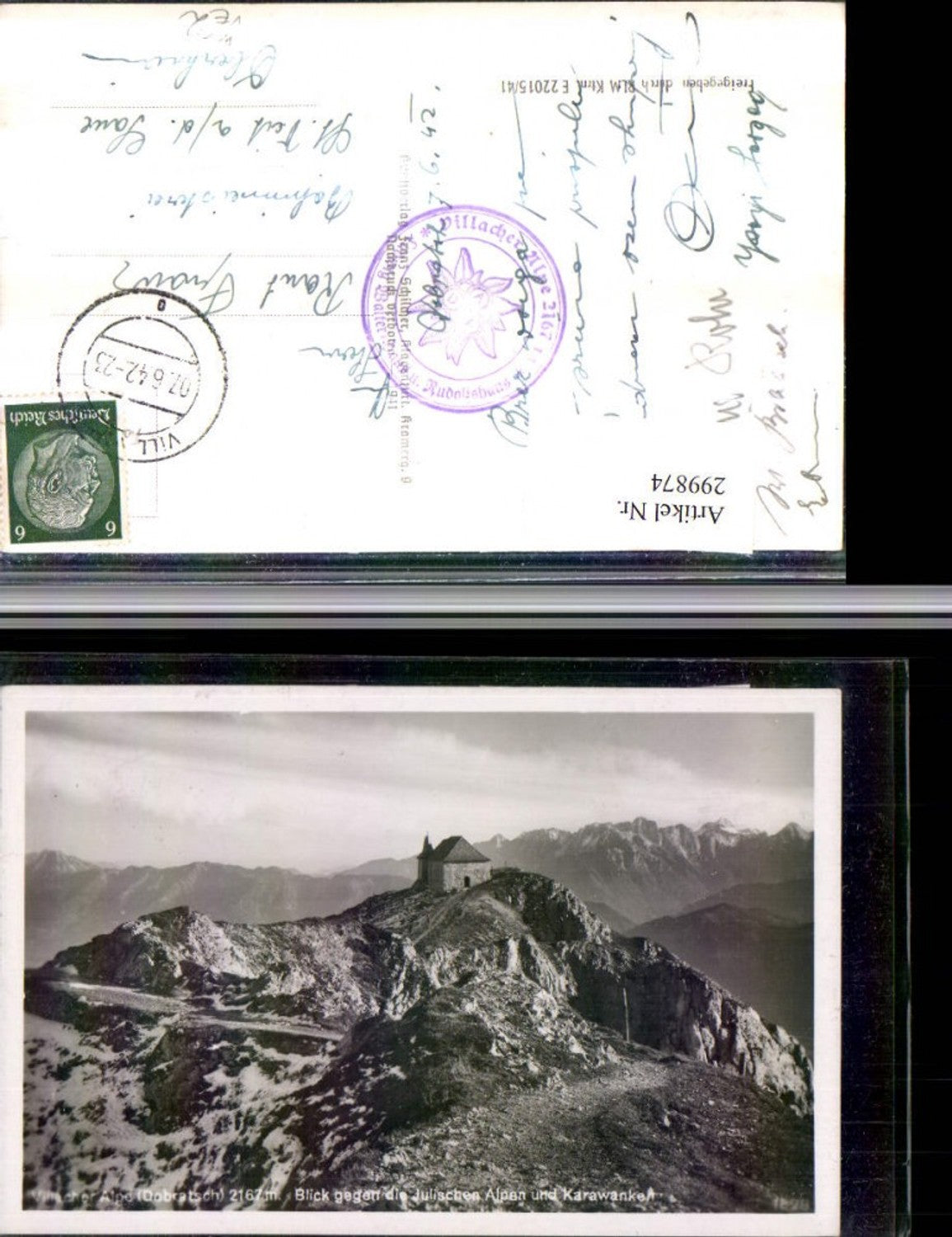 299874,Dobratsch Kapelle Blick geg. Julische Alpen Bergkulisse b. Arnoldstein pub Franz Schilcher 1828
