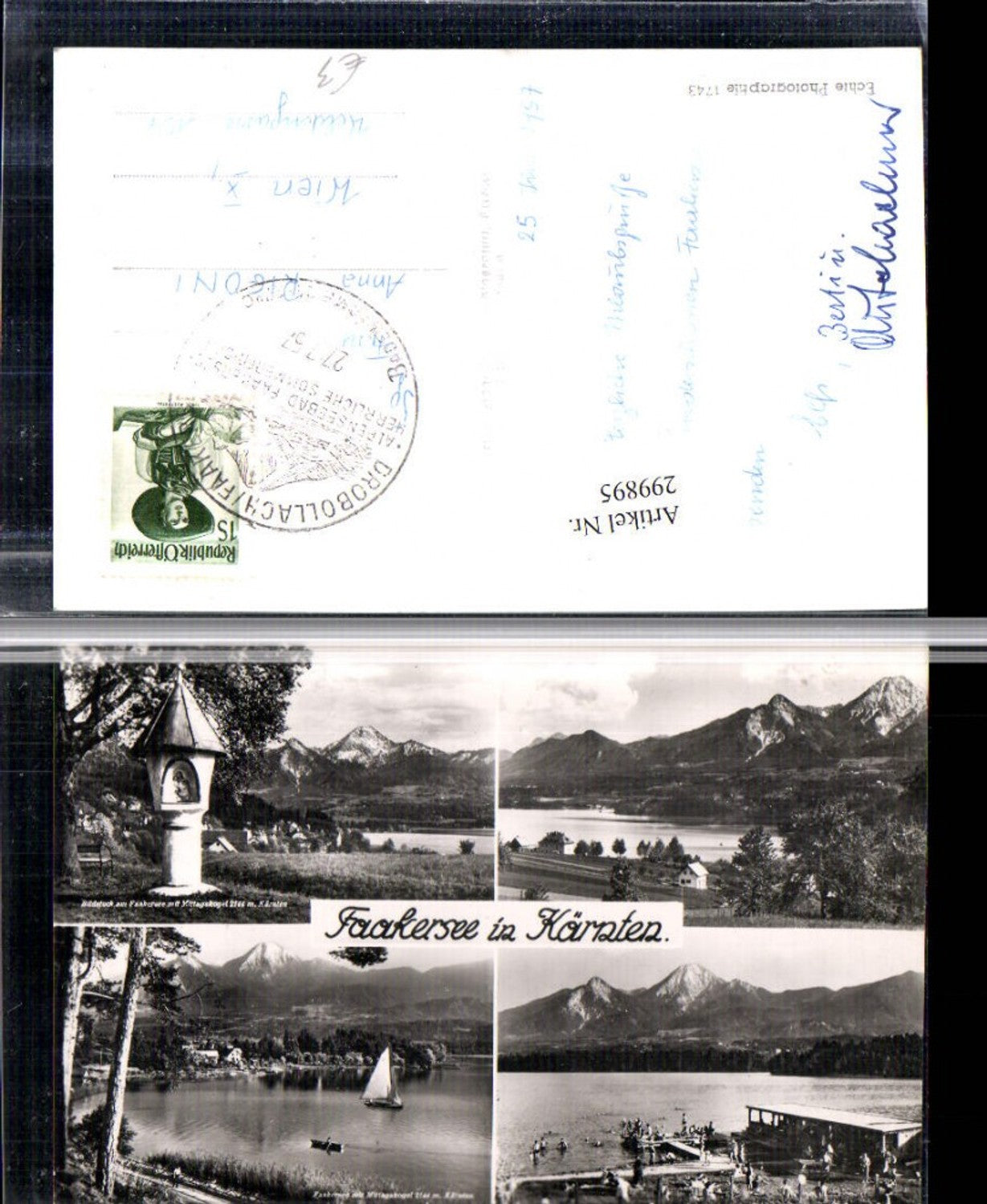 299895, Faakersee near Faak, wayside shrine, beach, sailboat, mountain scenery, multi-image postcard, Franz Schilcher