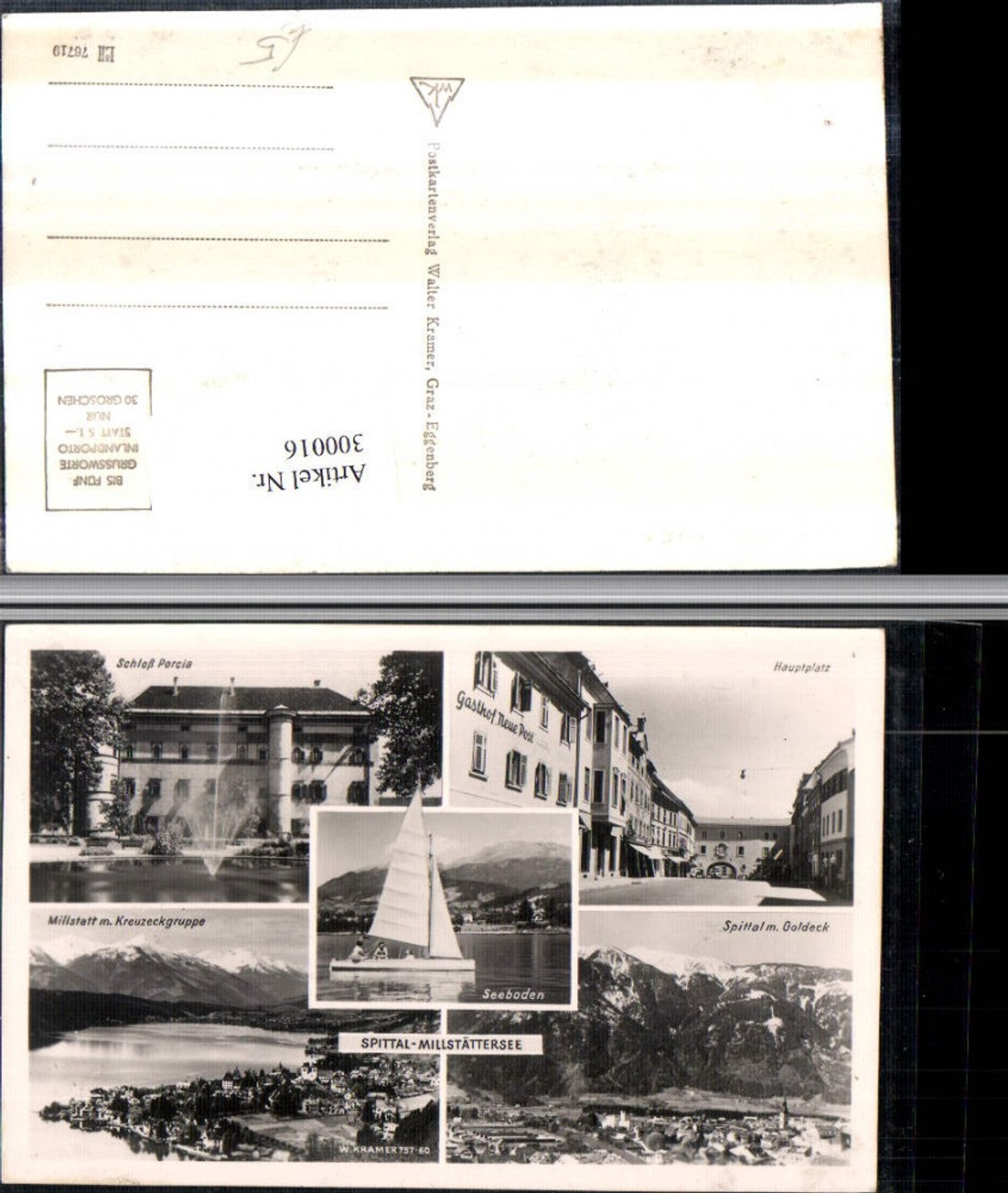 300016,Spittal Millstatt Totale Schloss Porcia Gasthof neue Post Segelboot Mehrbildkarte