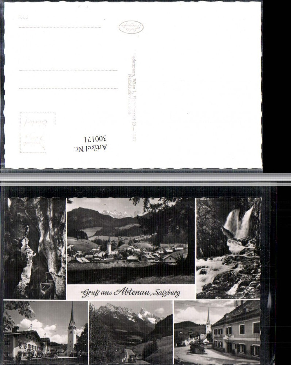 300171,Gruß aus Abtenau Totale Kirche Wasserfall Klamm Bergkulisse Mehrbildkarte