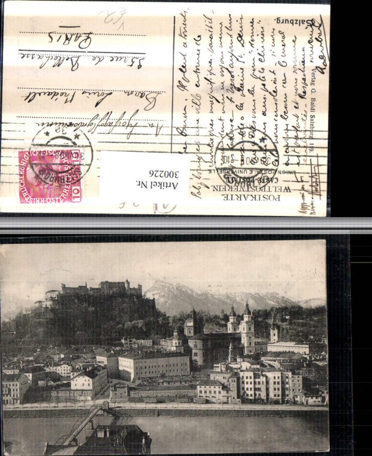 300226,Salzburg Teilansicht Kirche Brücke Festung Bergkulisse pub G. Baldi