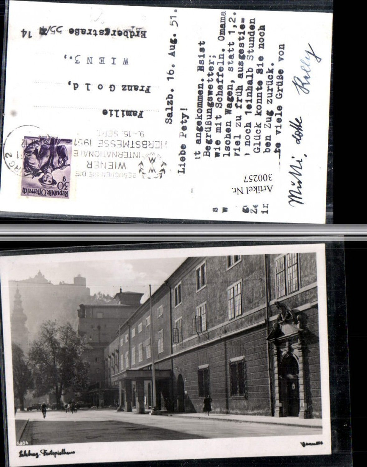 300257,Salzburg Festspielhaus Straßenansicht Wiener Herbstmesse 1951 Stempel