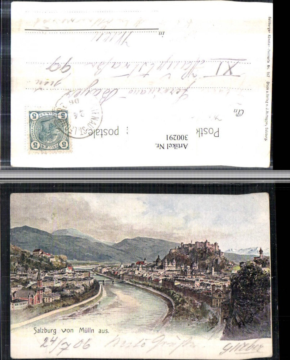 300291, Artist AK F. Kulstrunk Salzburg Totale with Mülln Fortress from mountain backdrop