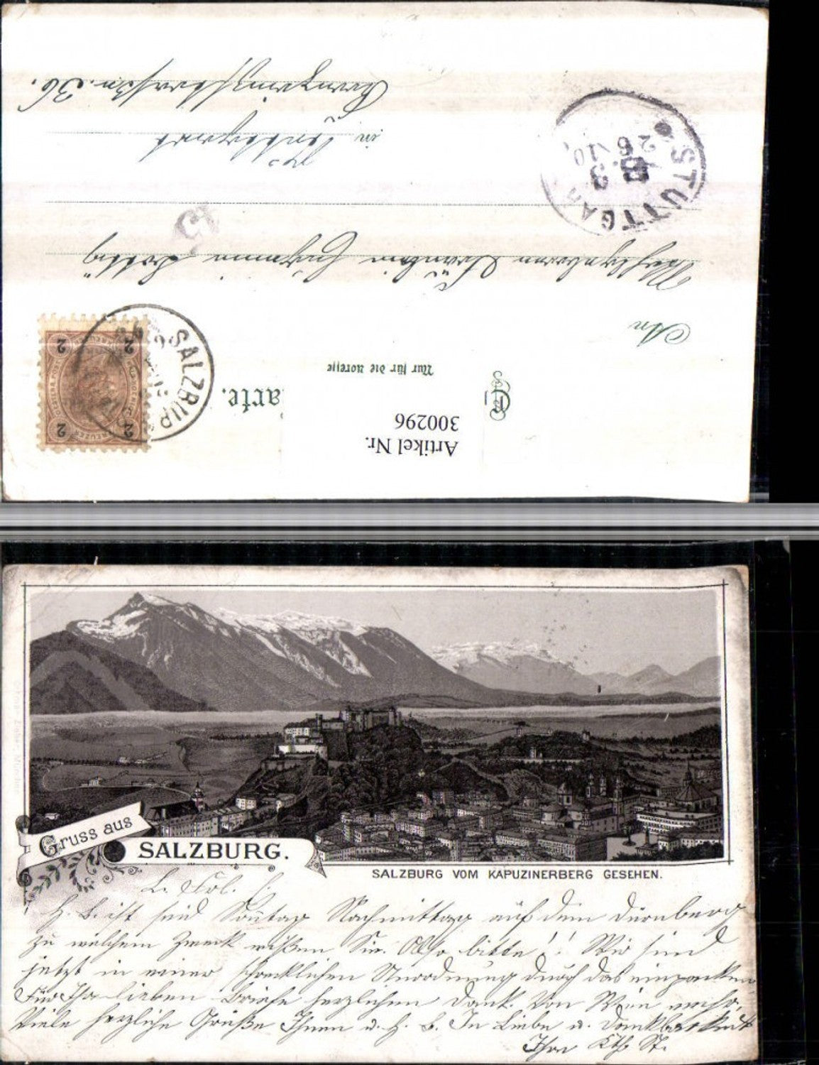 300296, Lithograph Greetings from Salzburg Partial view with fortress from the Kapuzinerberg mountain backdrop 1893