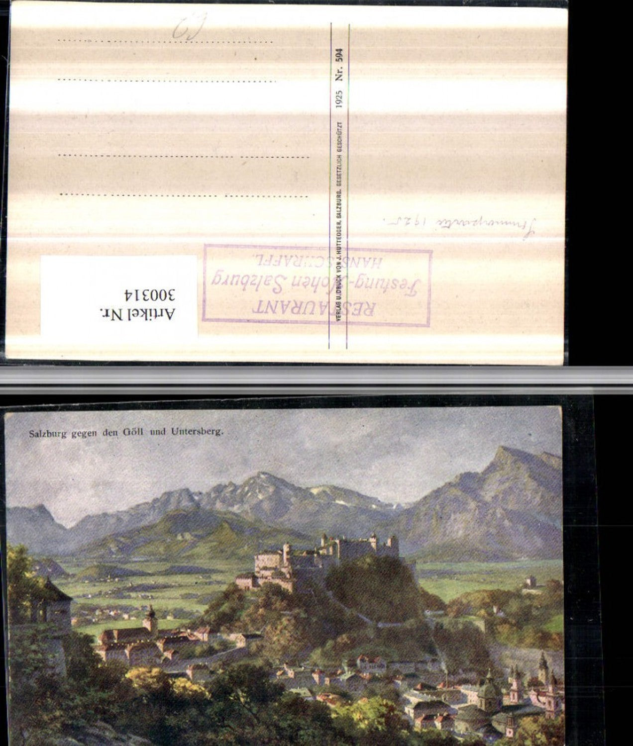 300314,Künstler AK Salzburg Teilansicht m. Festung geg. Untersberg u. Göll Bergkulisse