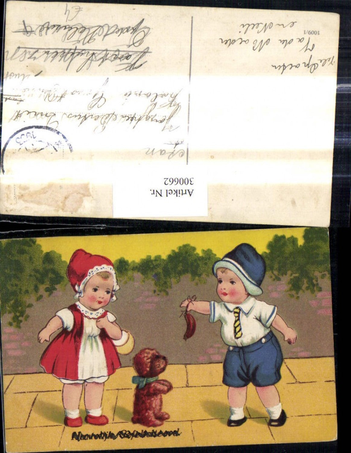 300662,Künstler Ak Kinder mit Wurst als Köder Teddy Teddybär