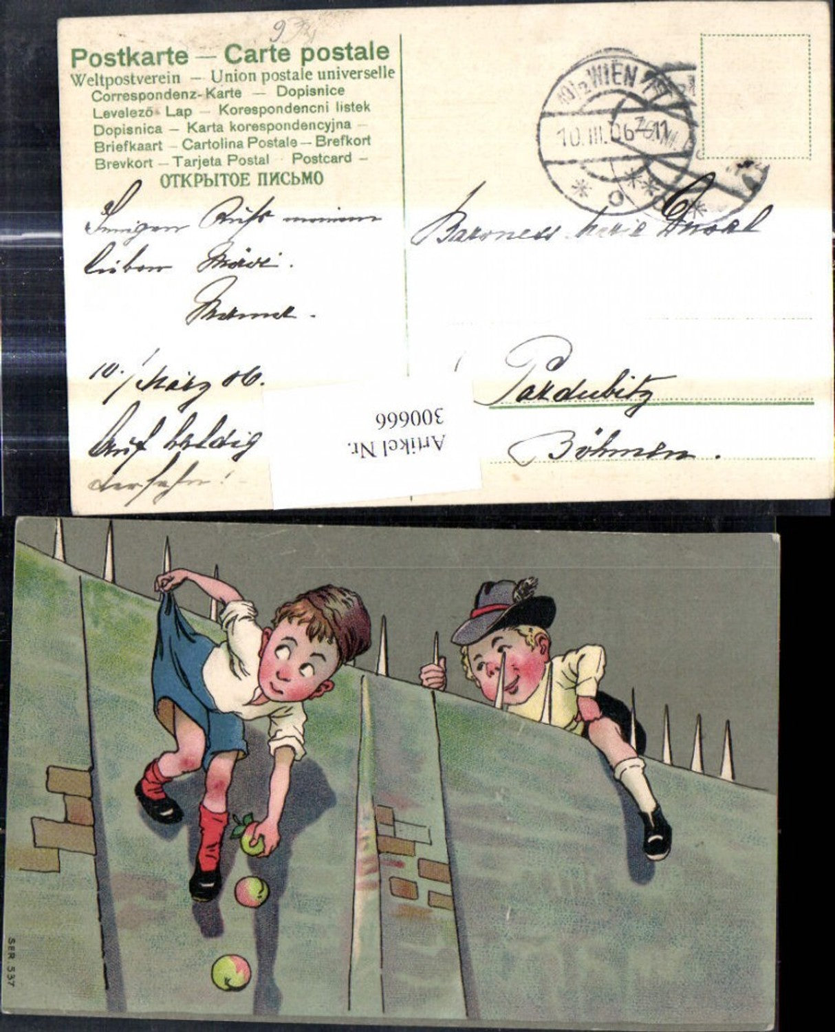 300666,Künstler Ak Kinder klettern über Mauer Apfeldiebe
