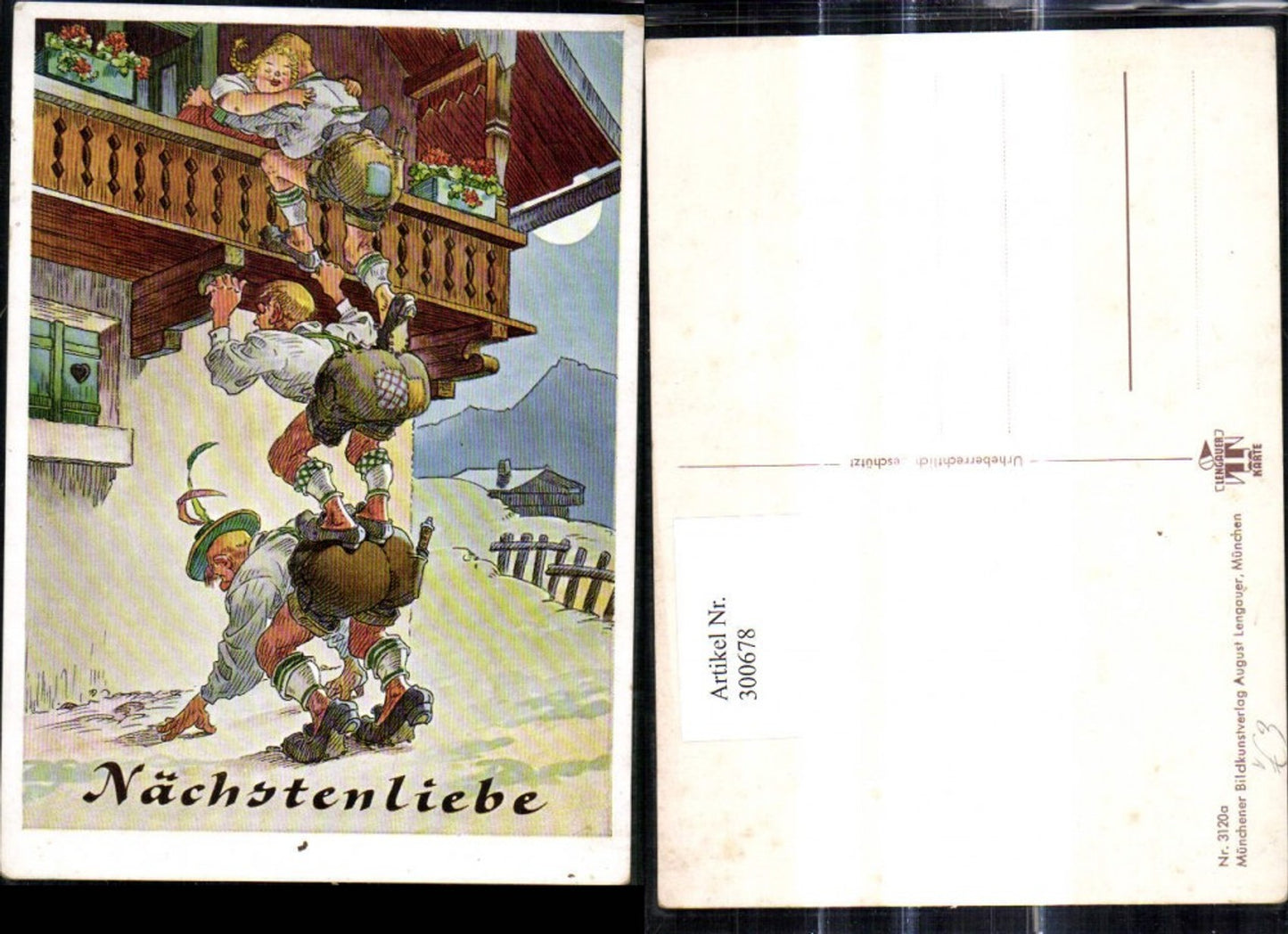 300678, Artist Ak Men's Human Ladder to Woman Balcony Charity Joke pub A. Lengauer 3120a