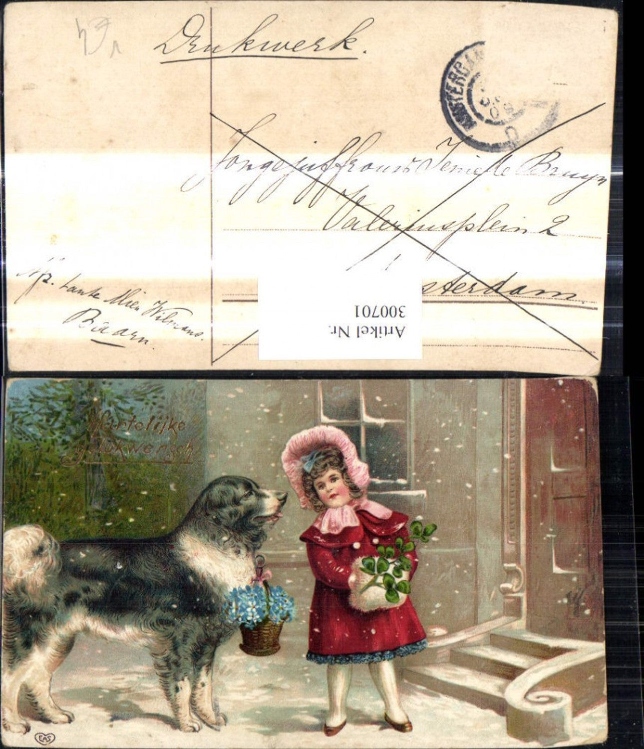 300701,Künstler Ak Kind Mädchen m. Hund v. Haus Klee Korb m. Vergissmeinnicht Schnee pub EAS