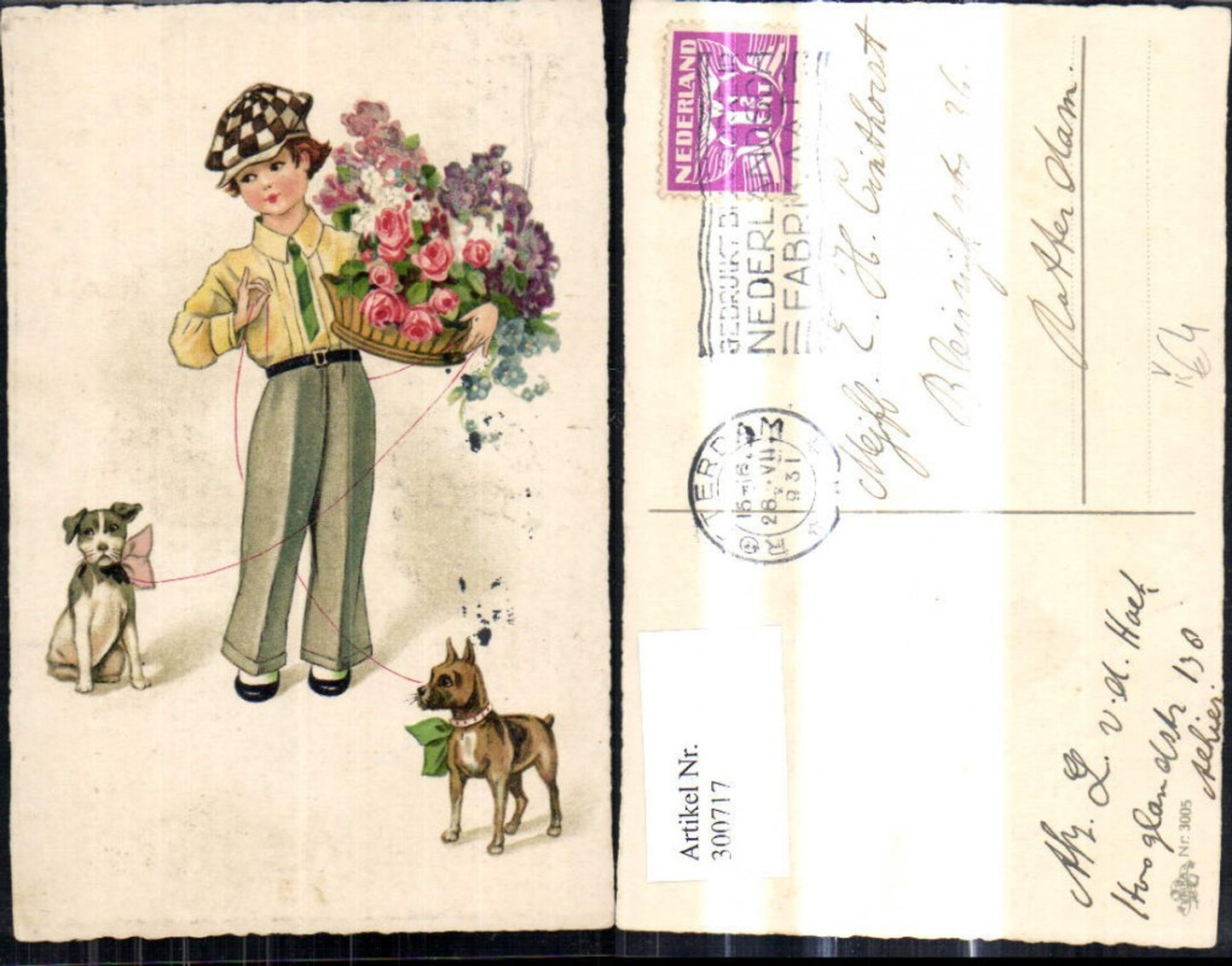 300717,Künstler Ak Kind Bub Junge m. Hunde a. Leine Korb m. Blumen Rosen Veilchen pub Erika 3005