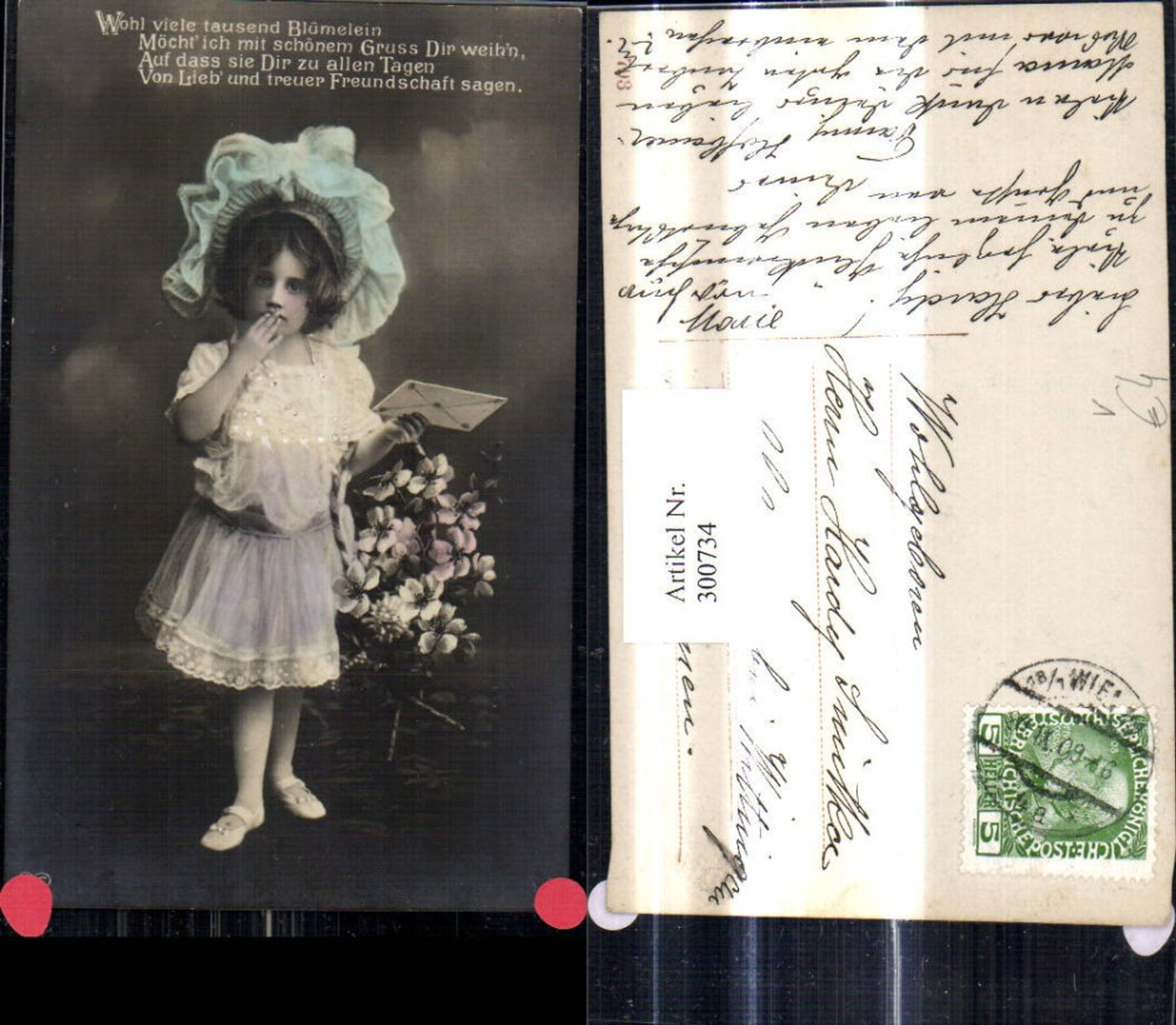 300734,Kind Mädchen Kleid Hut m. Briefkuvert Brief Kuvert Korb m. Blumen Spruch pub EAS