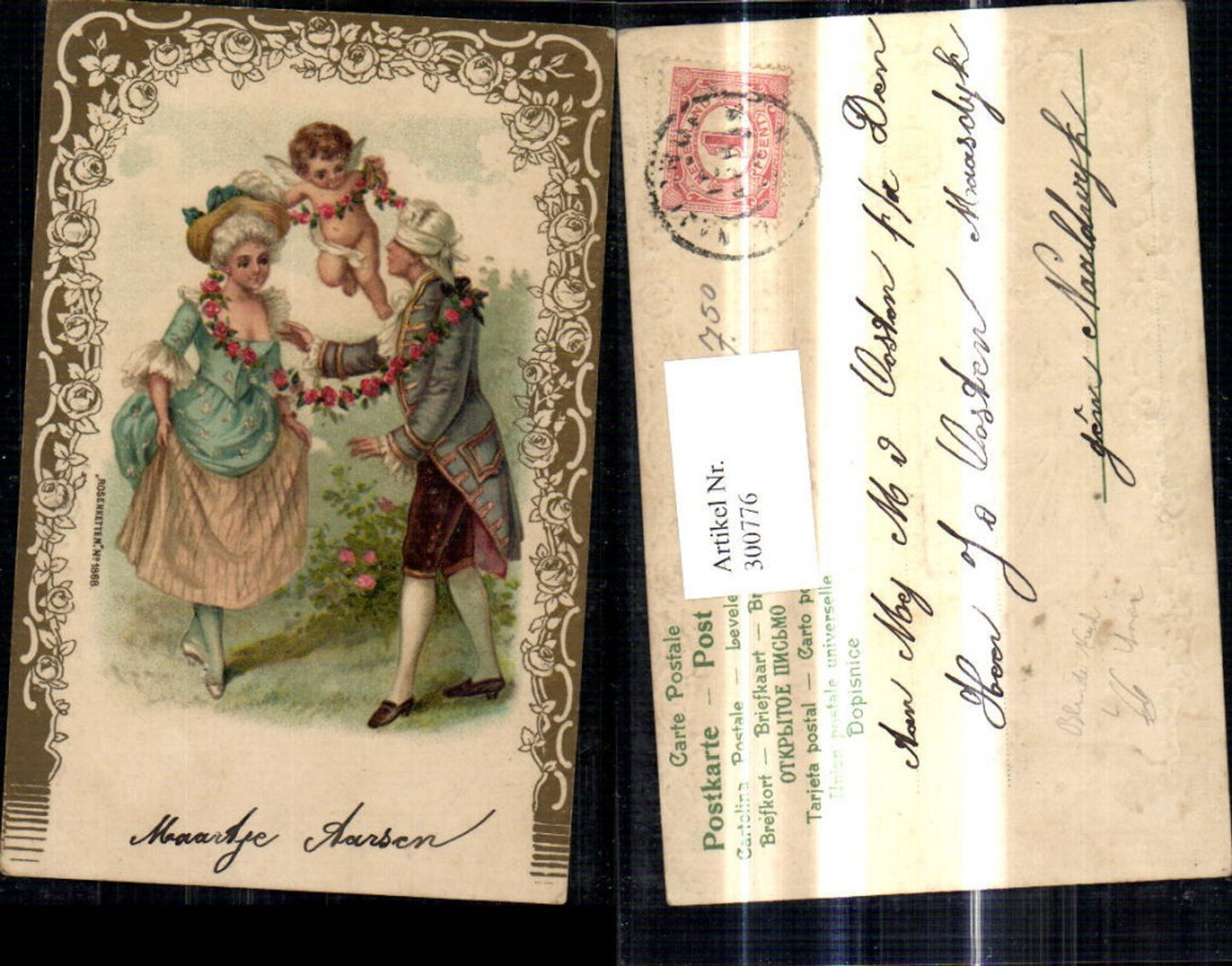 300776,Präge Litho Liebe Paar spielt Blinde-Kuh Amor Spiele Rosengirlande