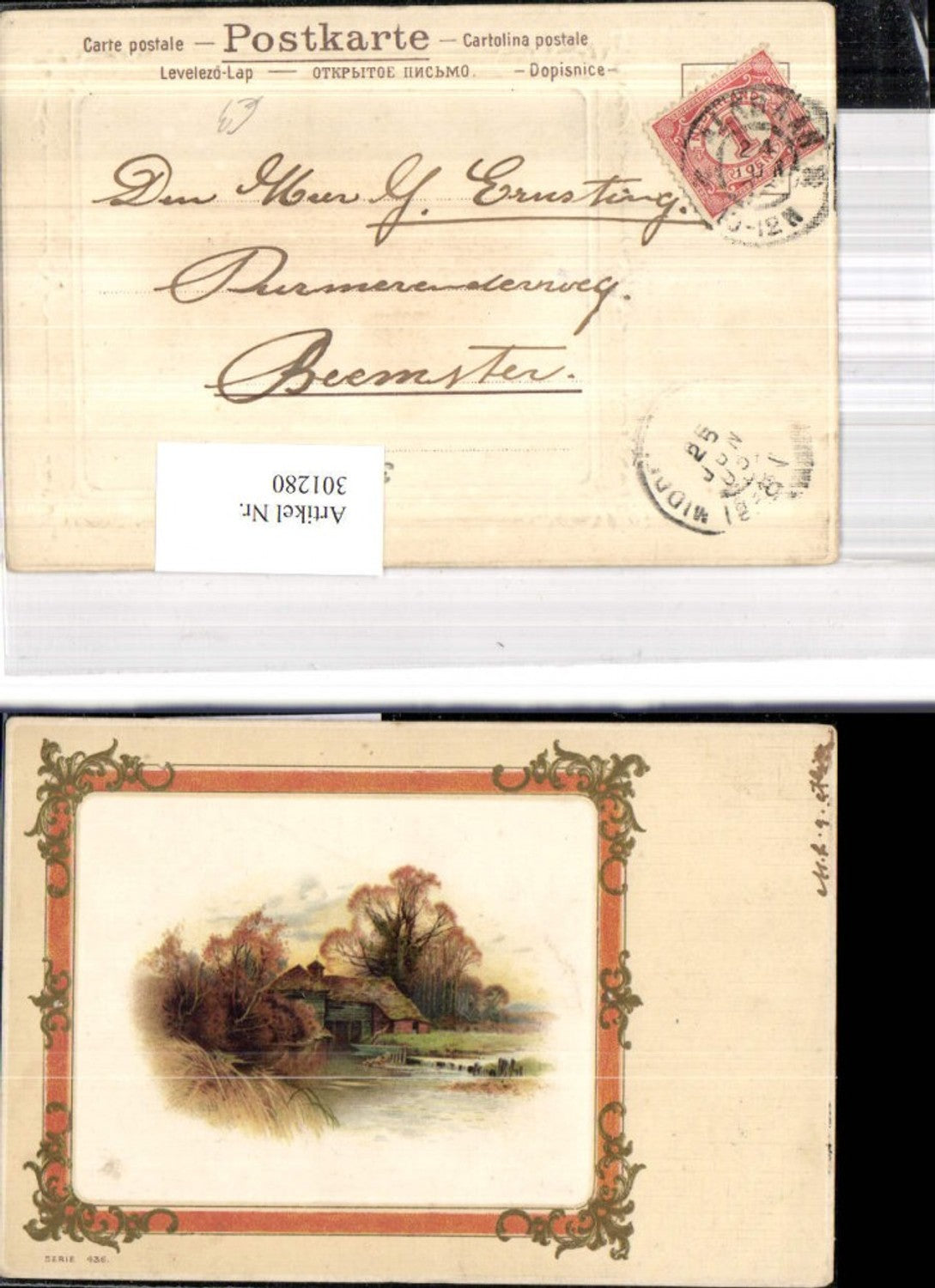 301280,Präge Künstler Ak Haus Kirche a. Fluss Mann a. Boot Fluss Landschaft Passepartout