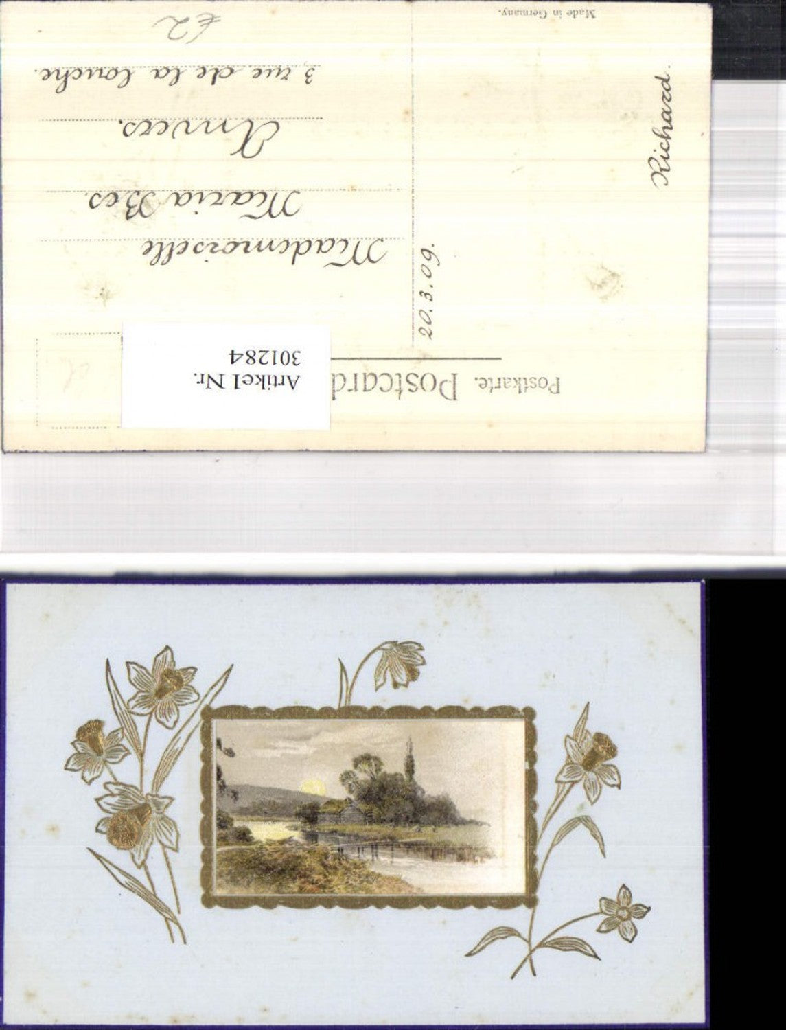 301284,Künstler Ak Haus a. Fluss Sonnenuntergang Landschaft Passepartout Blumen Narzissen