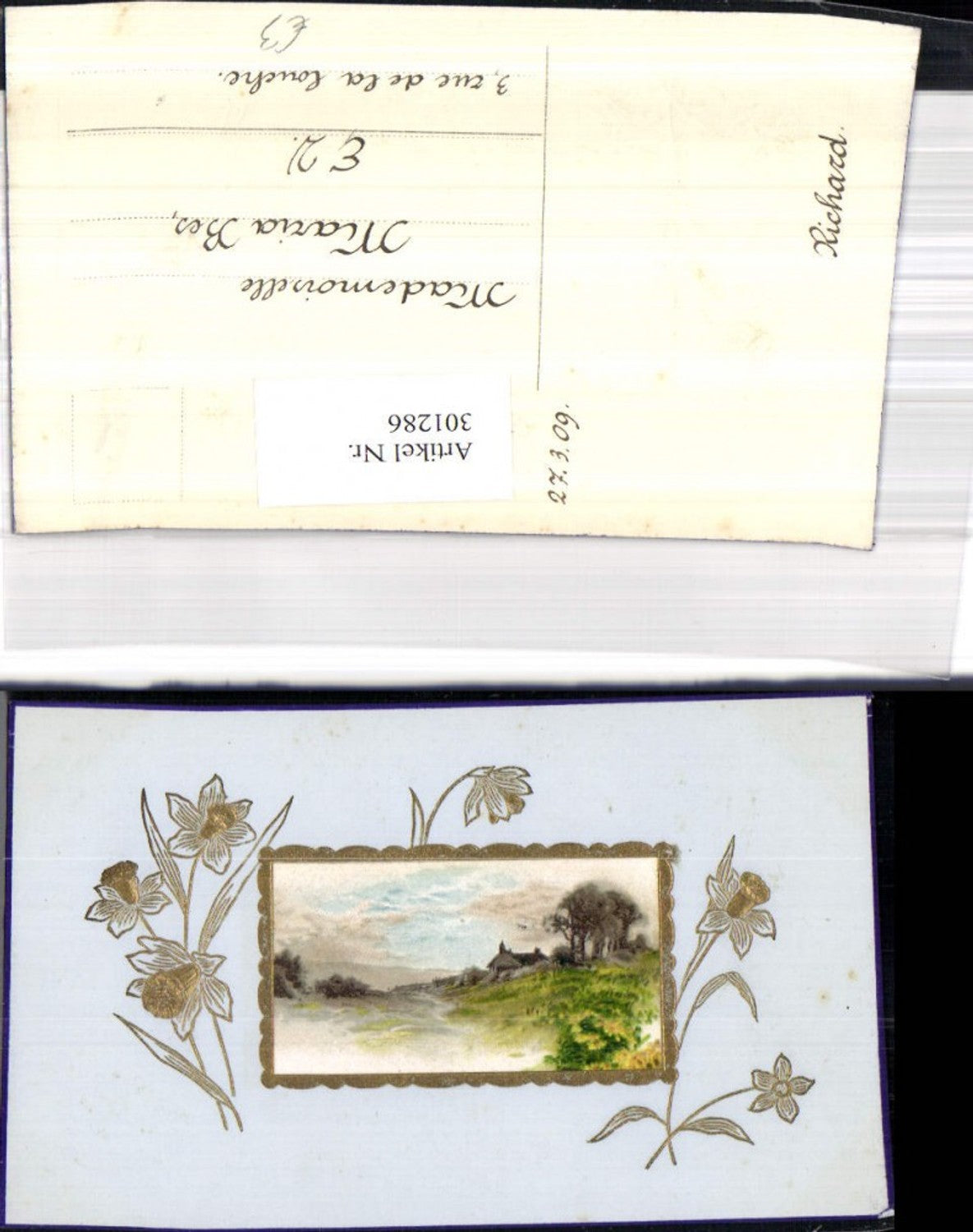301286,Künstler Ak Haus Landschaft Passepartout Blumen Narzissen