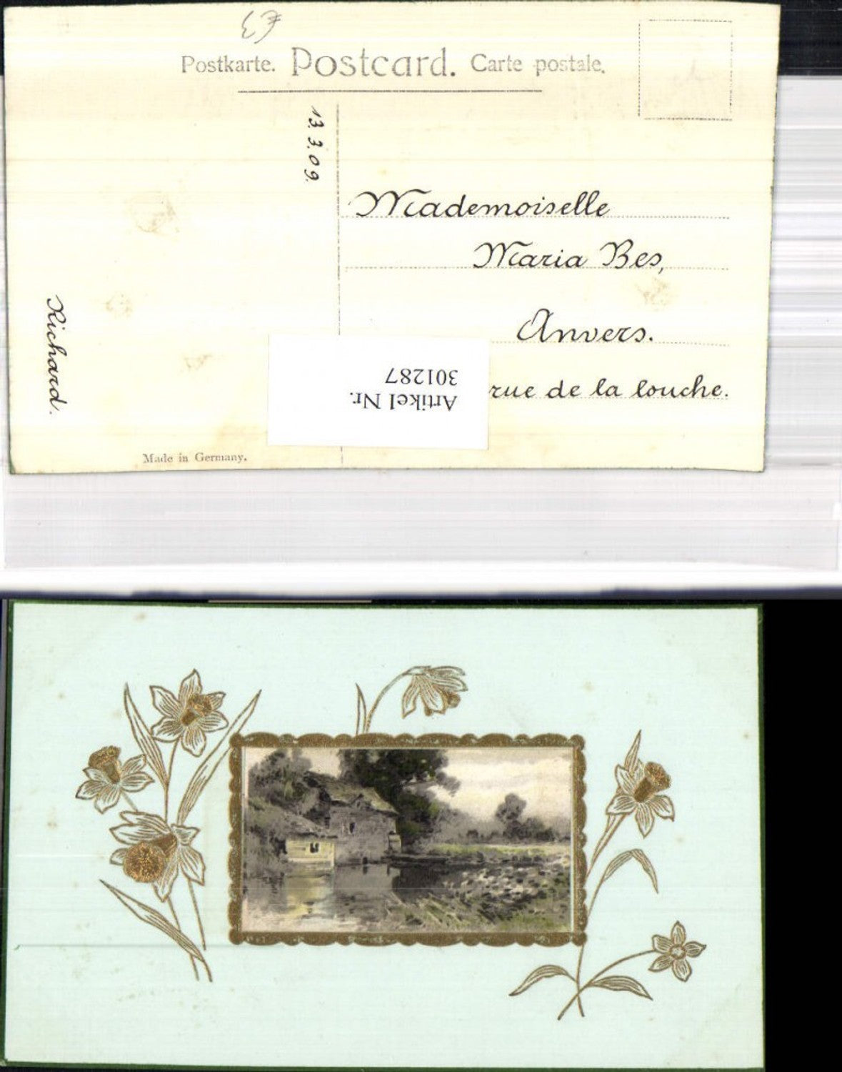 301287,Künstler Ak Haus a. Fluss Landschaft Passepartout Blumen Narzissen