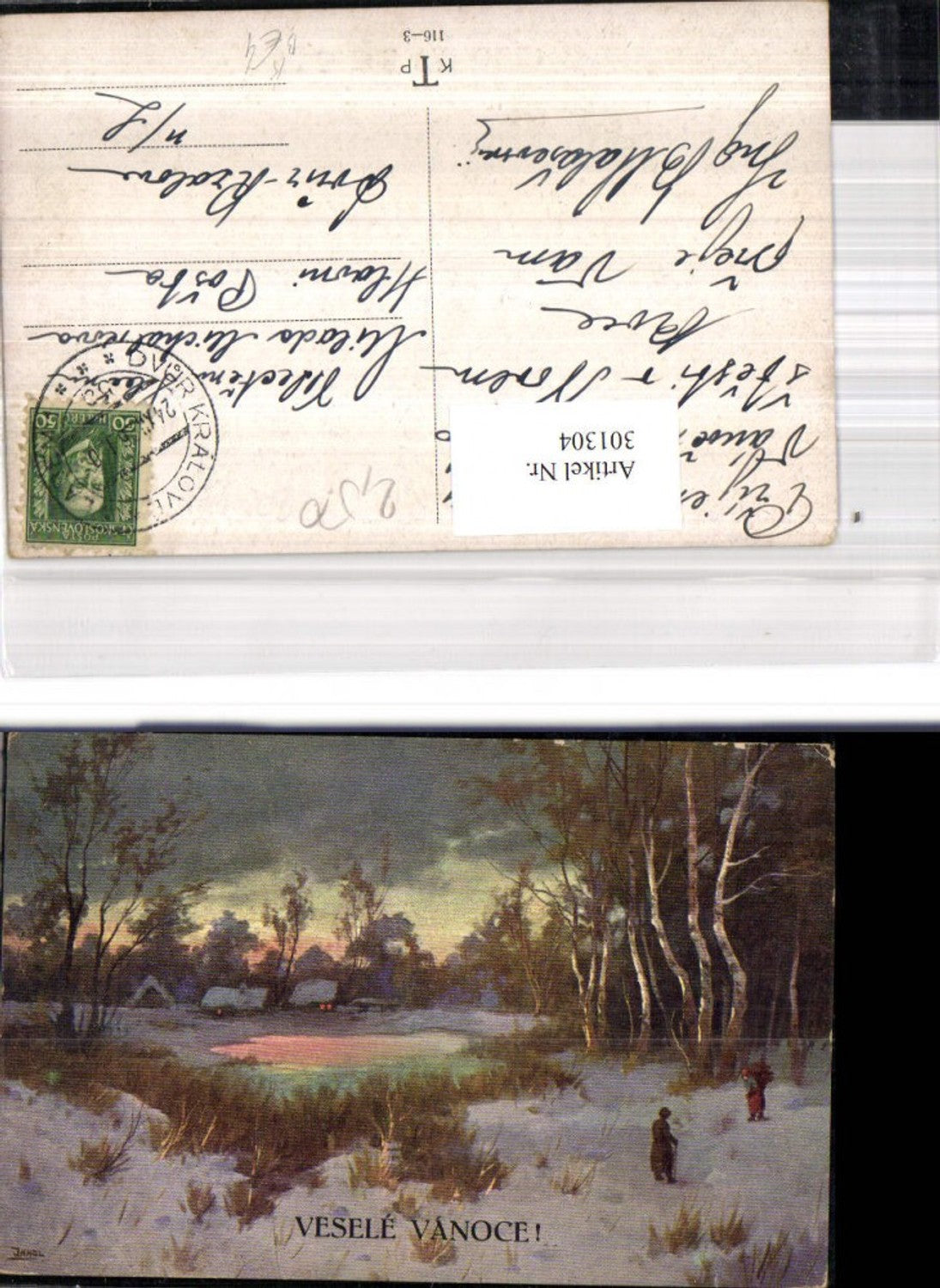 301304, Artist Ak Jangl People in Winter Landscape House Lake Vesele Vanoce