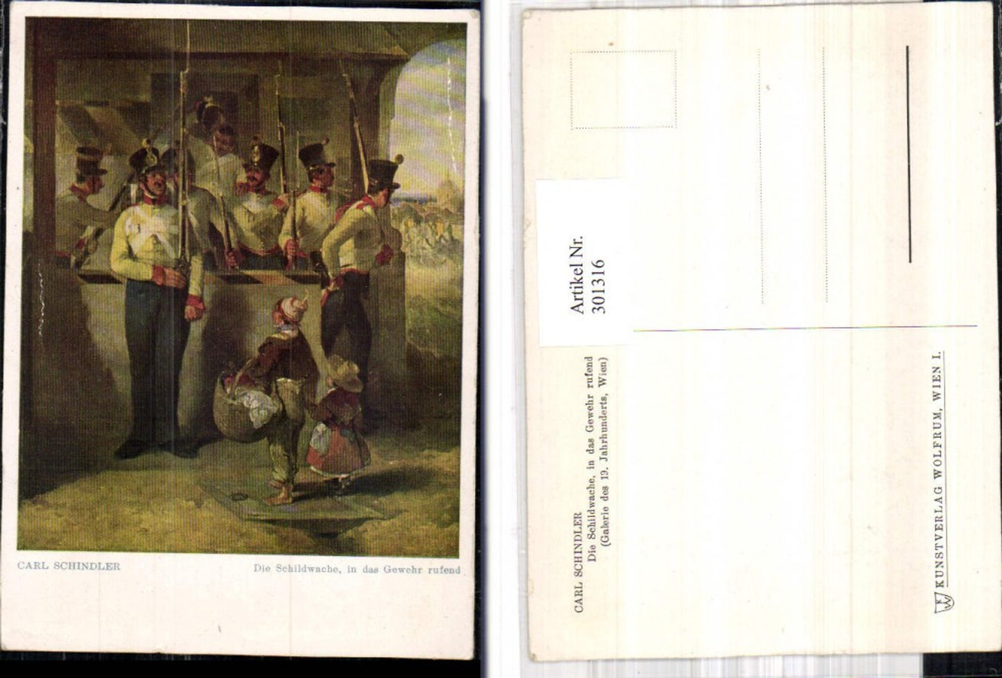 301316,Künstler Ak Carl Schindler Die Schildwache in das Gewehr rufend Soldaten Kinder m. Korb