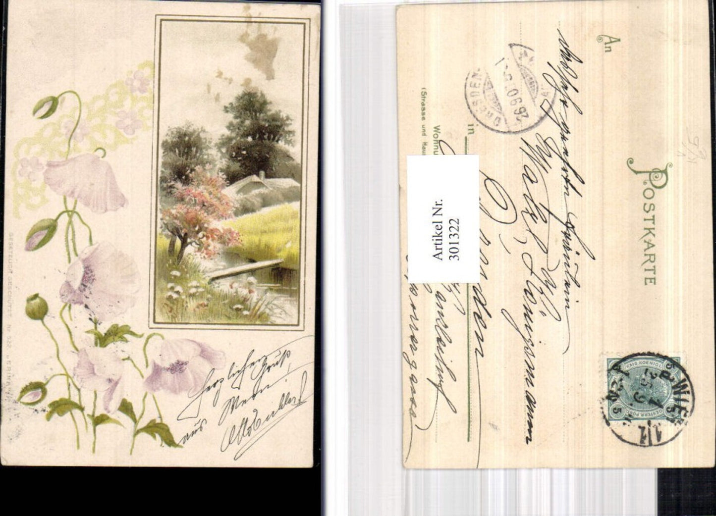 301322,Künstler Ak Haus Brücke Landschaft Passepartout Blumen pub Erika 522