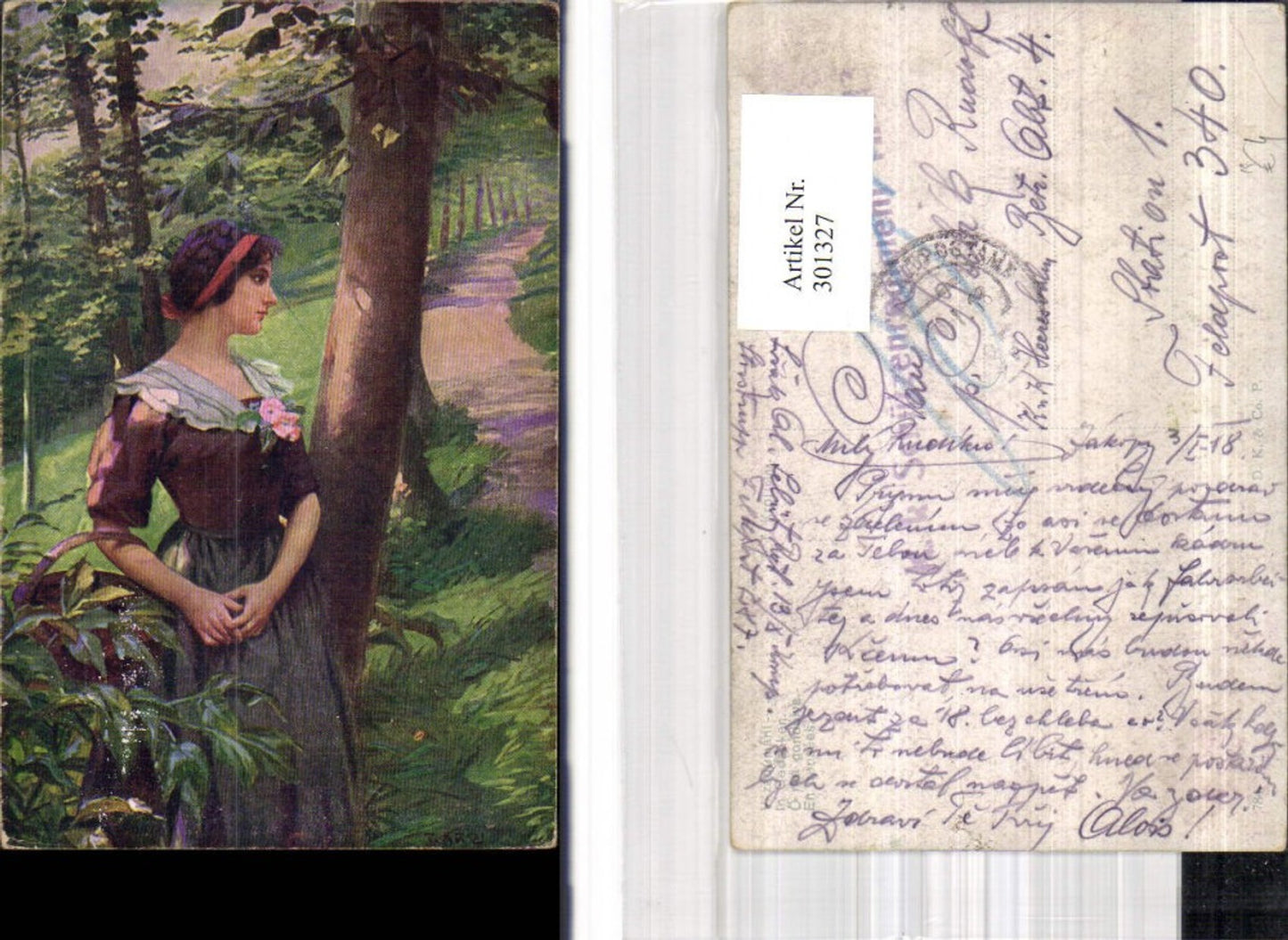 301327,Künstler Ak T. Kroj In Gedanken Frau b. Baum Haarband Wald
