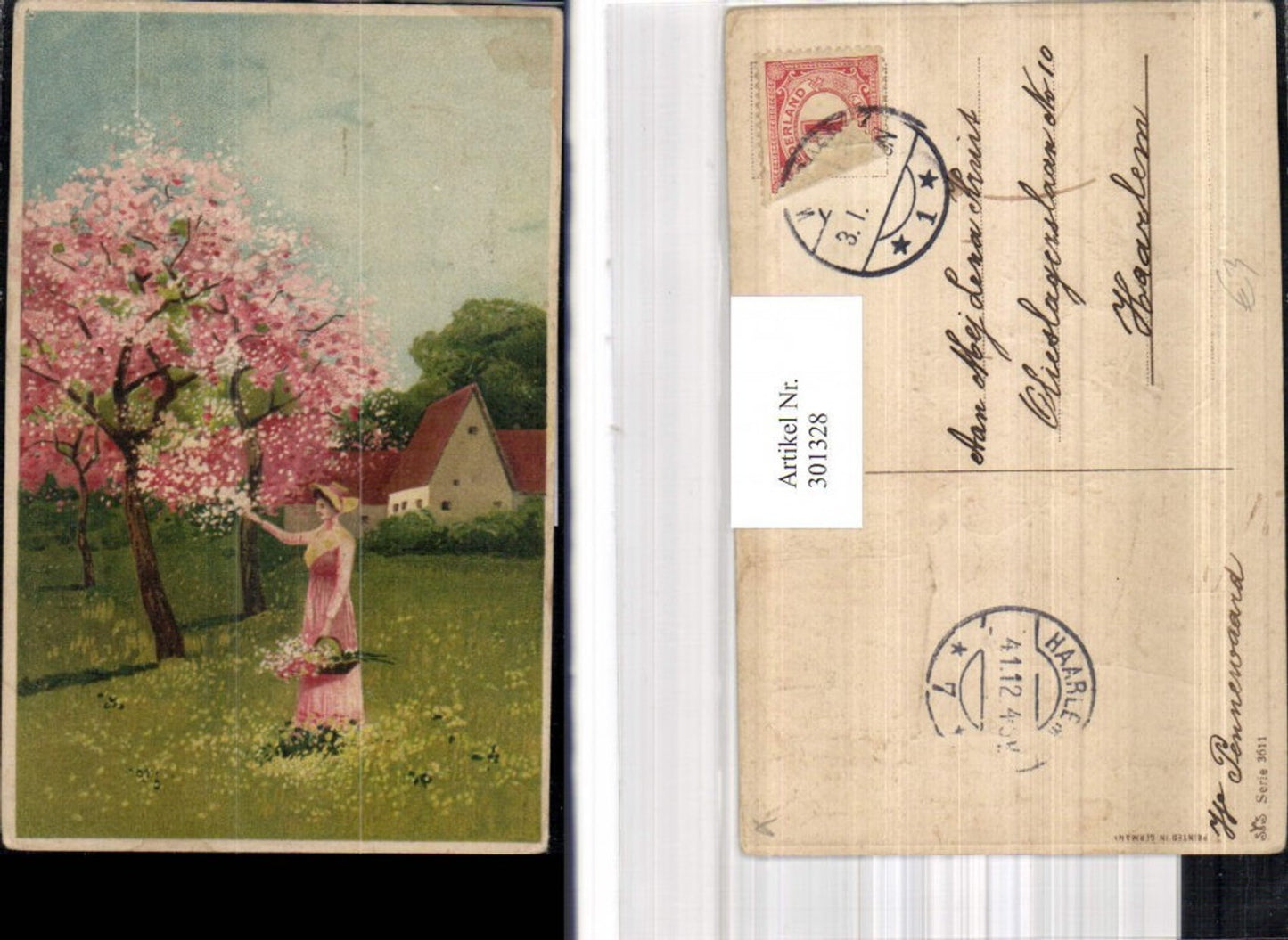 301328,Präge Künstler Ak Frau Hut m. Korb Garten Blühender Baum