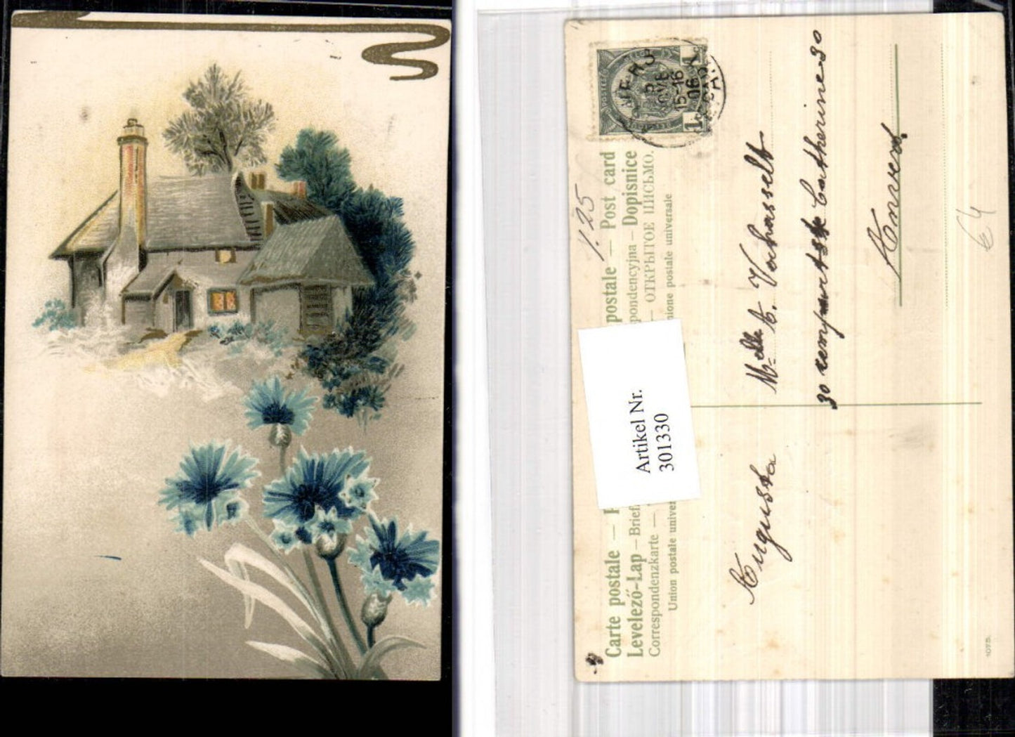 301330,Präge Künstler Ak Haus Bäume Kornblumen Blumen i. Vordergrund