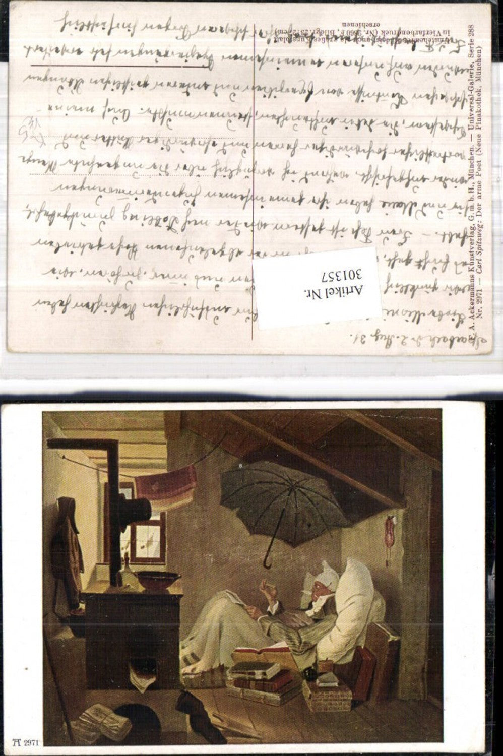 301357,Künstler Ak Carl Spitzweg Der arme Poet Schirm Bücher Lesen pub F. A. Ackermann 288/2971
