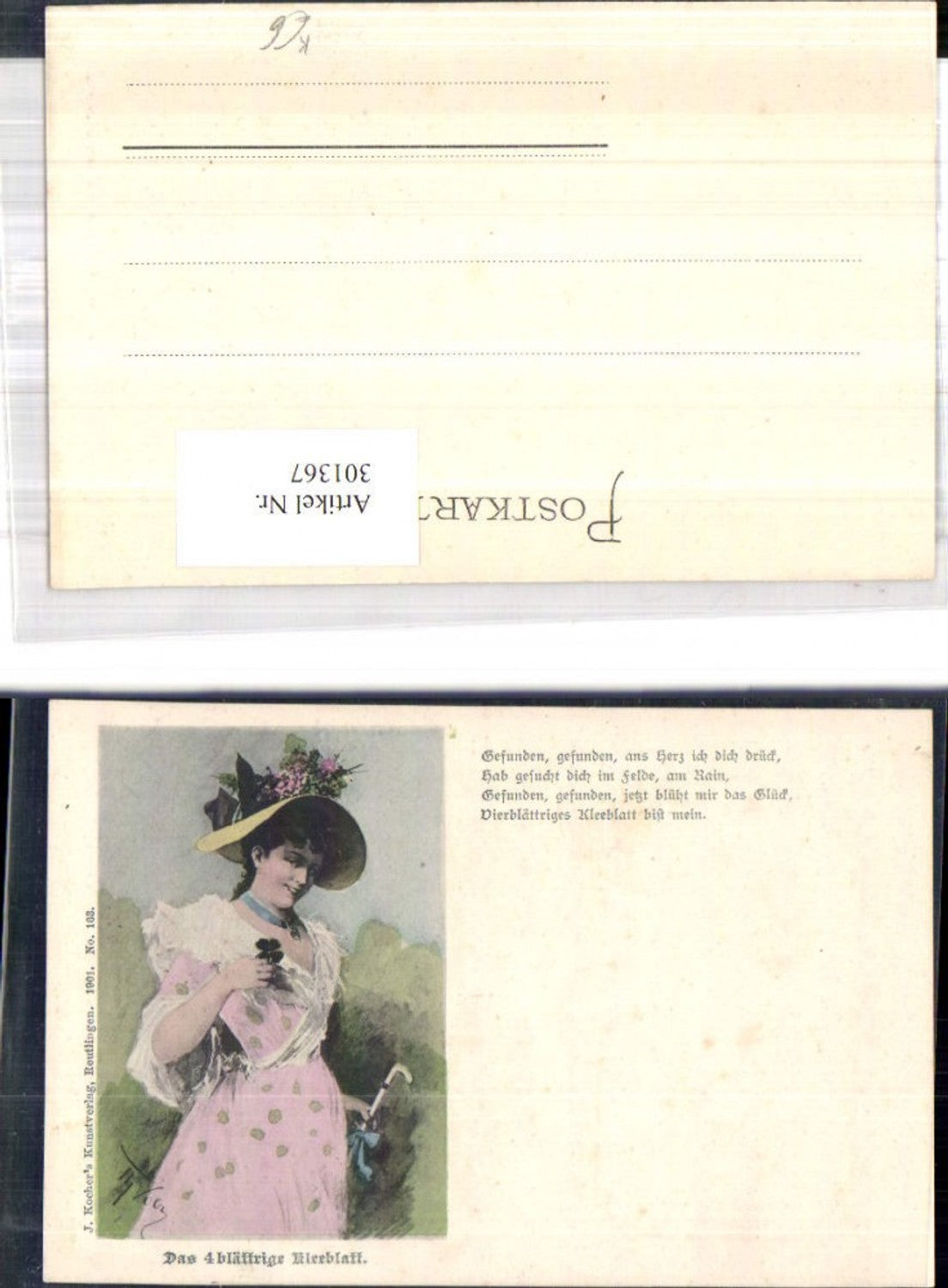301367,Künstler Ak Frau m. Hut Schirm i. Hand Klee Kleeblatt Text Spruch