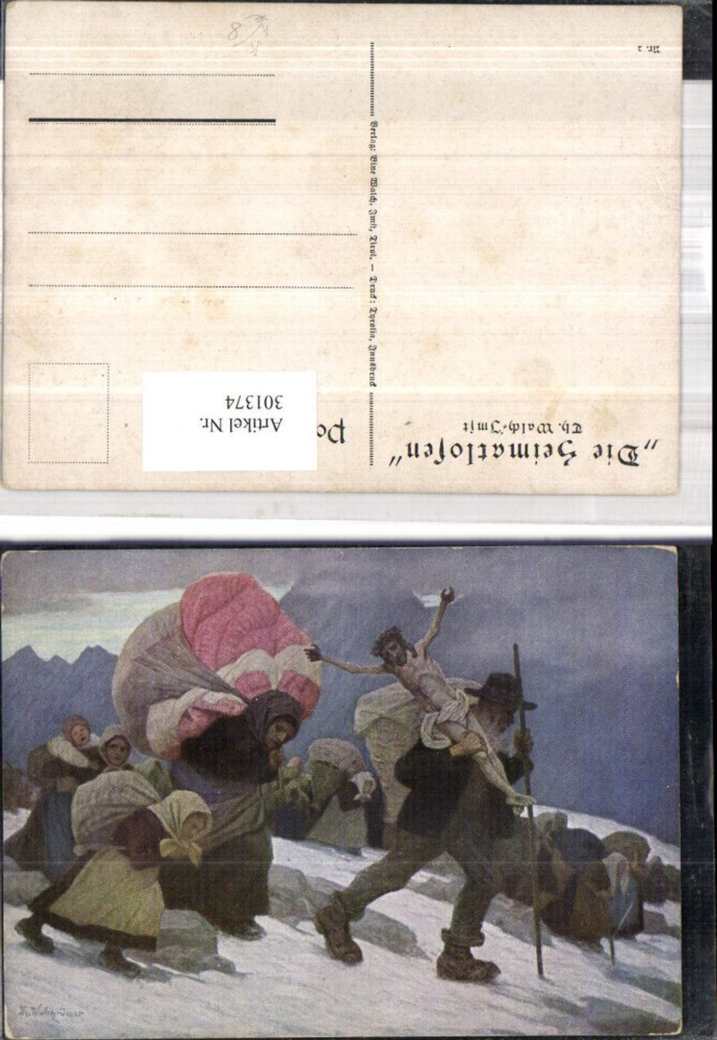 301374,Künstler Ak Th. Walch Imst Die Heimatlosen Familie Kreuz Bergkulisse pub Bine Walch Imst