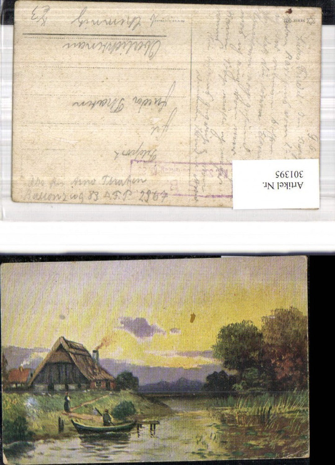 301395,Künstler Ak Haus a. Fluss Ruderboot a. Anleger Landschaft