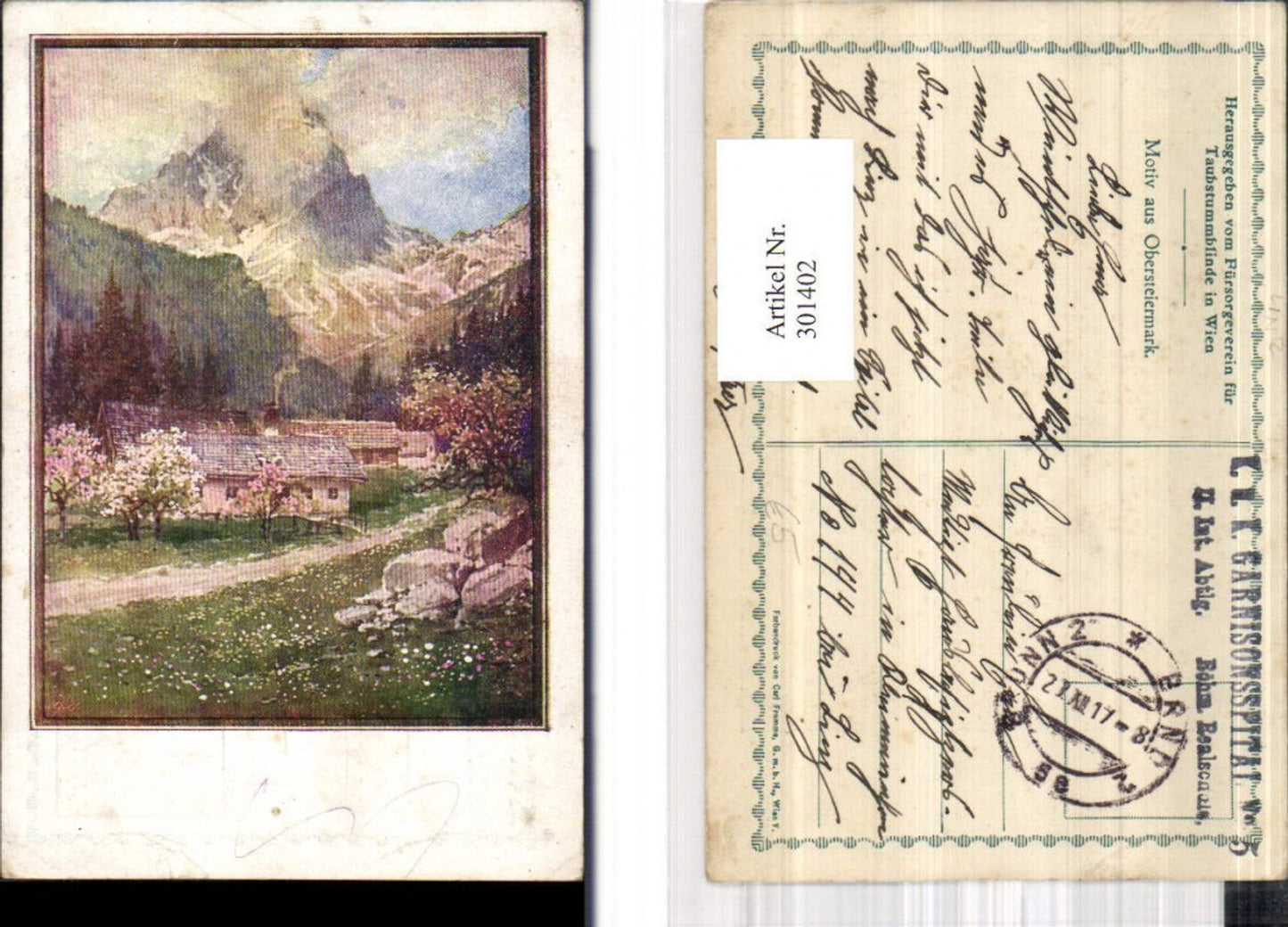 301402,Künstler Ak Motiv a. d. Obersteiermark Haus Baumblüte Bergkulisse Passepartout