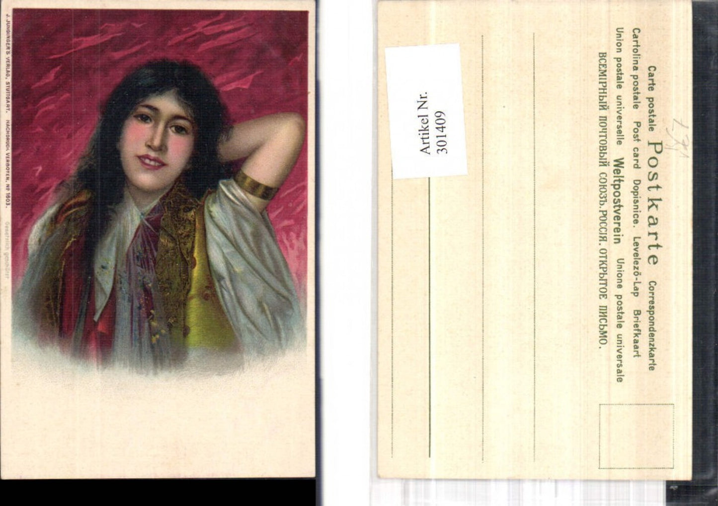 301409,Künstler Ak Frau Armband Schmuck Portrait pub J. Junginger 1603