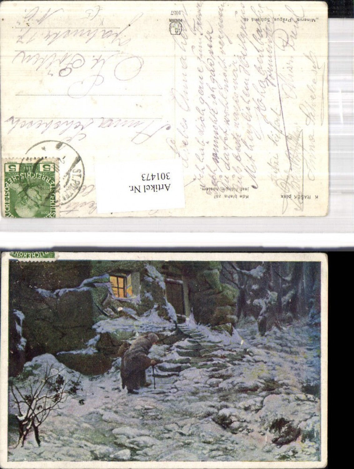 301473,Künstler Ak K. Rasek Alte Frau v. Haus Winternacht