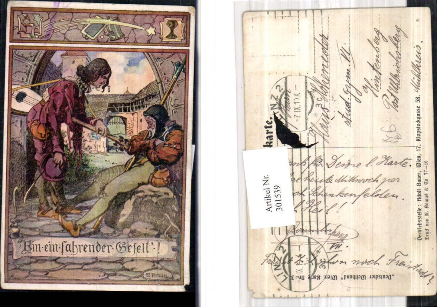 301539,Künstler Ak W. Braun Bin ein fahrender Gesell Wanderer Mandoline Stadtwächter pub Deutscher Weltbund 3
