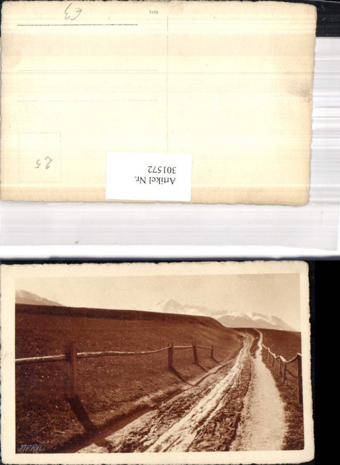 301572,Künstler Ak Weg Strasse Feldweg m. Zaun Weidezaun Landschaft Bergkulisse