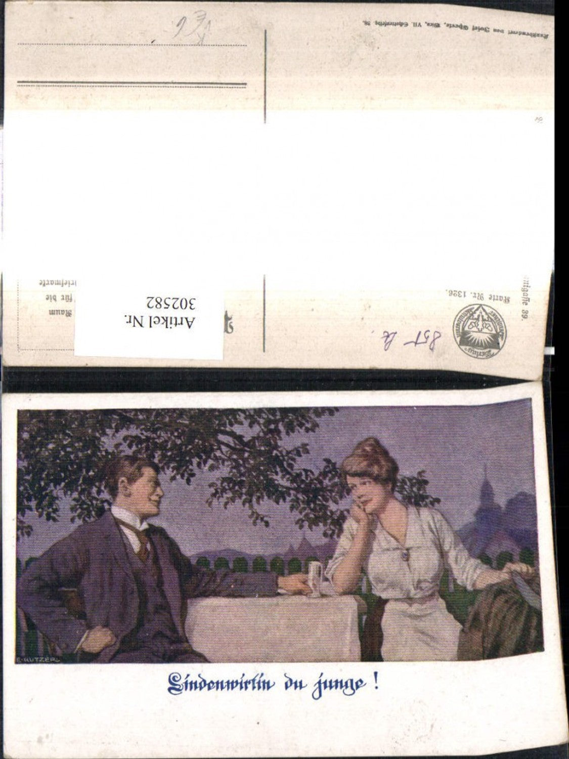 302582,Deutscher Schulverein 1326 Künstler E. Kutzer Lindenwirtin du junge Paar b. Tisch Glas Wein
