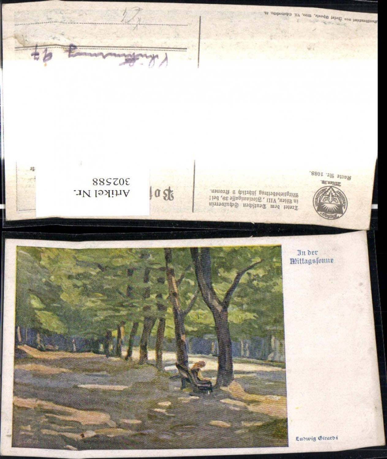 302588,Deutscher Schulverein 1088 Künstler Ludwig Girardi In d. Mittagssonne Frau a. Bank Allee Bäume