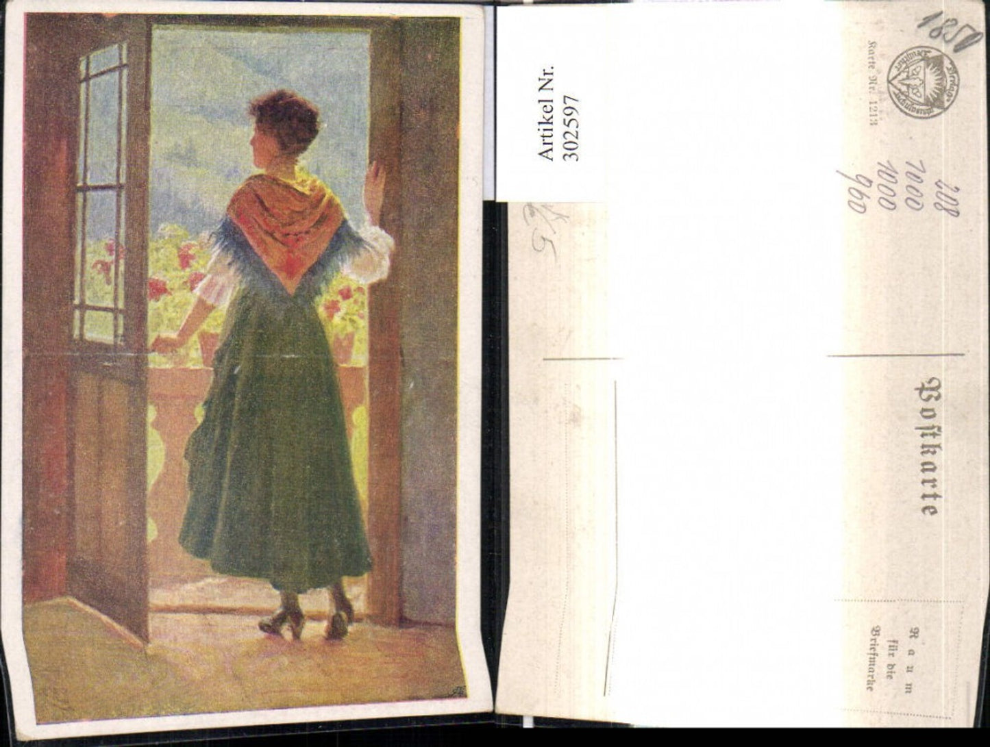 302597, German School Association 1213 Artist Ak Woman in traditional dress looks at door