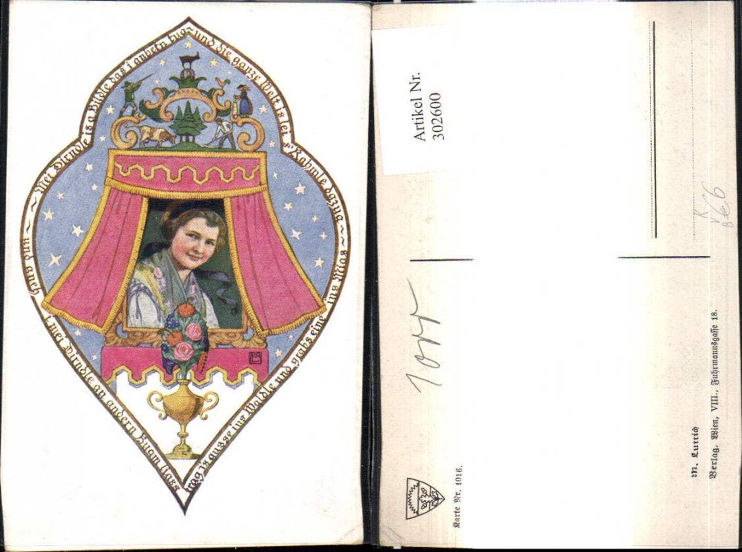 302600,Deutscher Schulverein 1016 Künstler M. Luttich Frau Portrait Rahmen Jäger Blumen Sterne Spruch