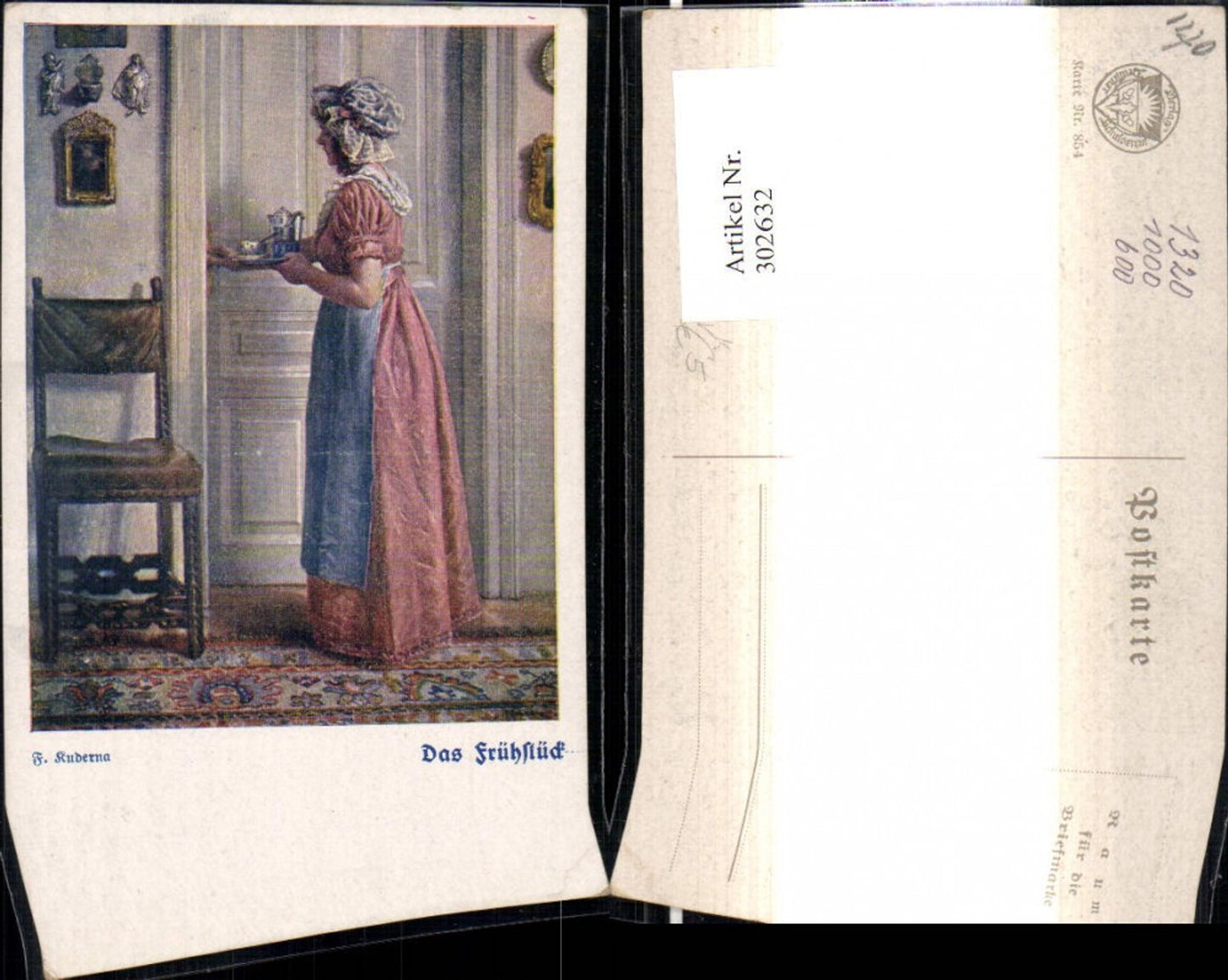302632,Deutscher Schulverein 854 Künstler F. Kuderna Das Frühstück Frau Dienstmädchen m. Tablett a. Tür